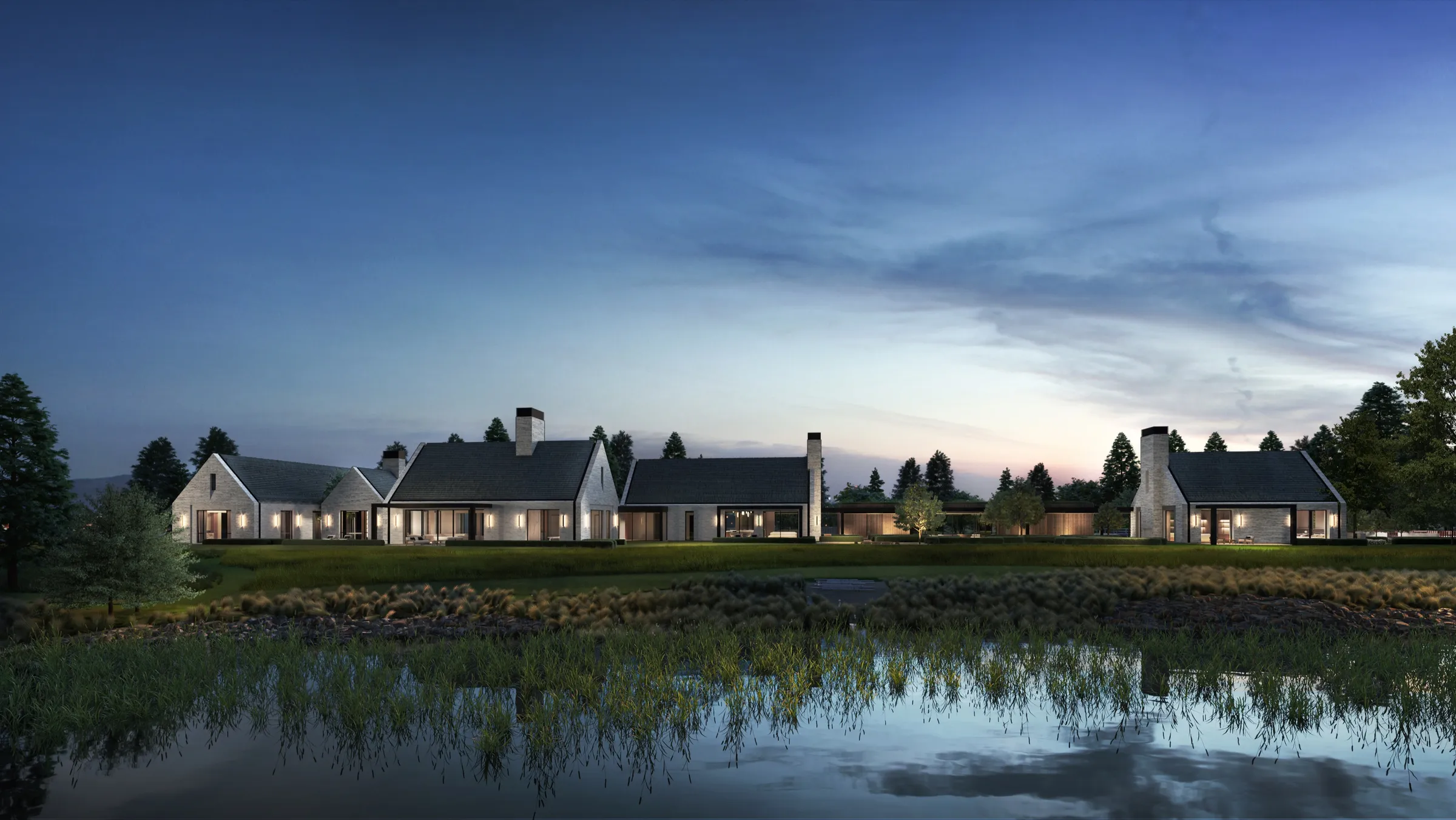 Dusk 3D rendering of a modern white gabled waterfront compound in Greenwich, Connecticut, its lit volumes reflected in a still pond under a blue evening sky.