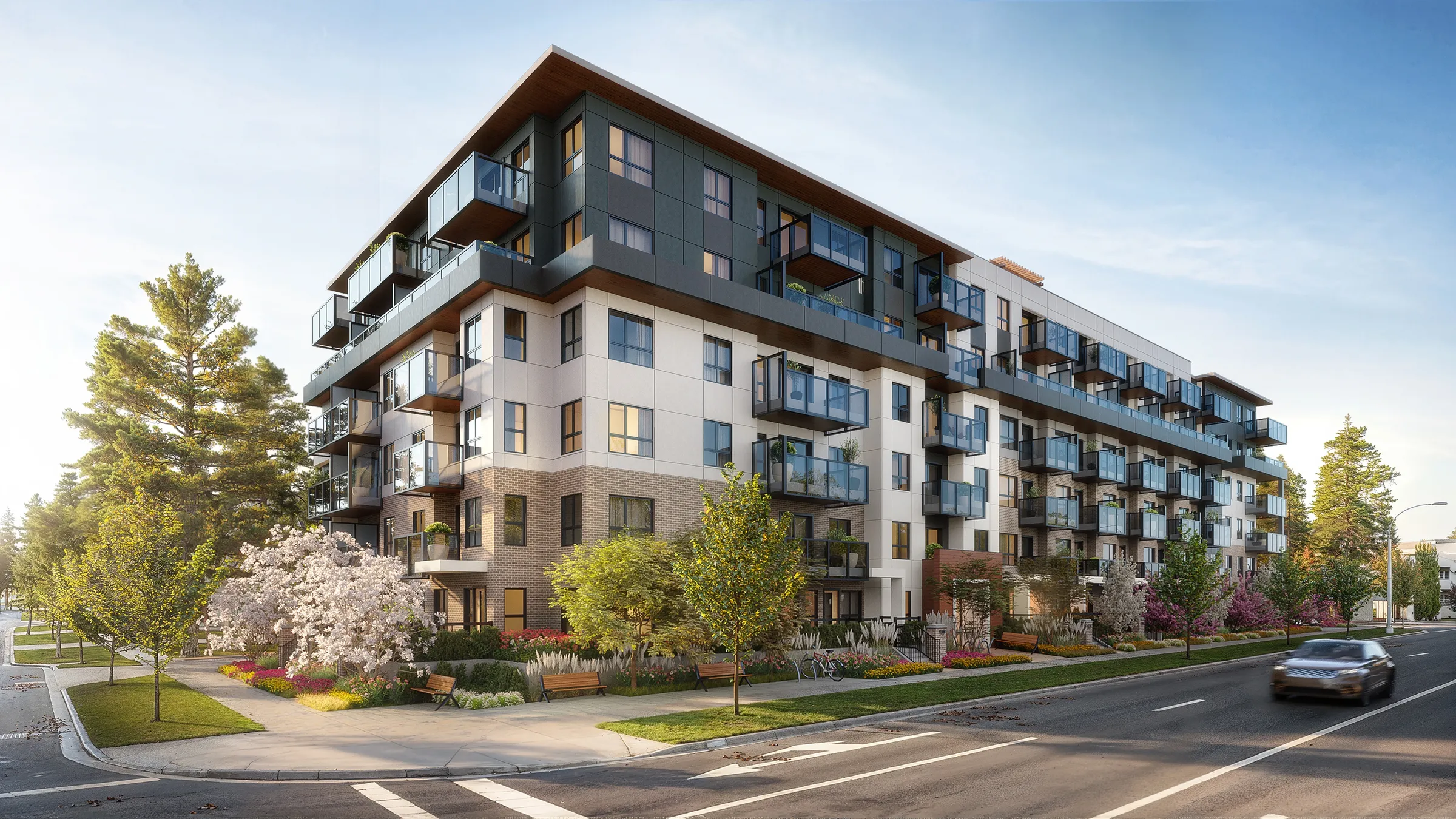 Exterior 3D rendering for pre-sales of the Muse townhouse development in Surrey, Canada