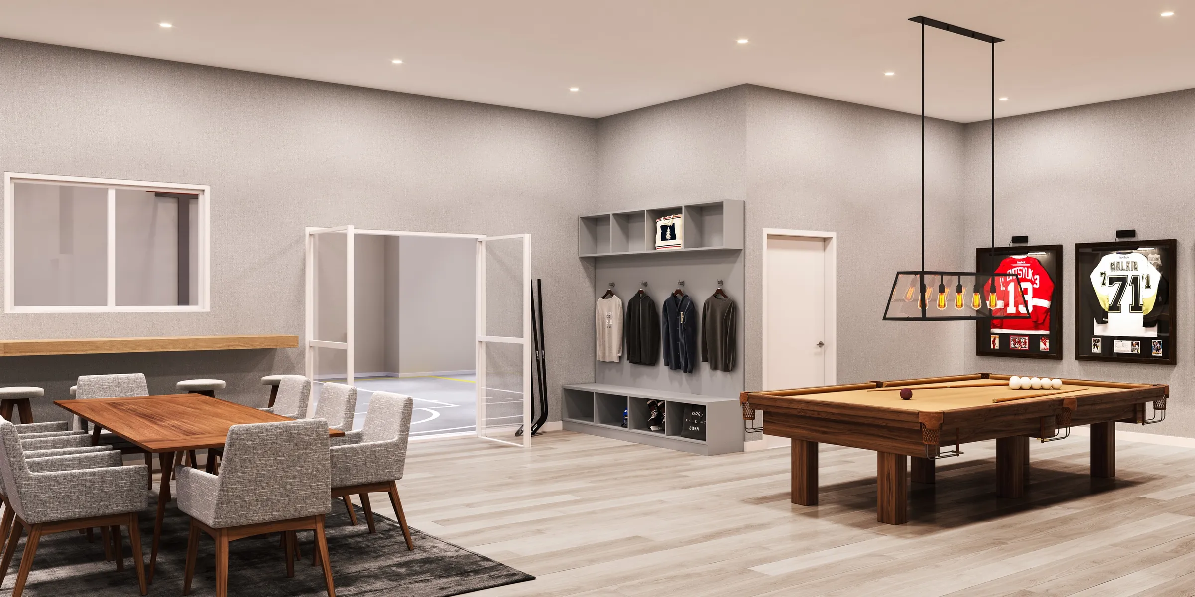3D interior rendering by NoTriangle Studio of the games room in the Hazelwood Club in South Surrey, BC: a pool table under an industrial pendant, framed hockey jerseys on the wall, a long walnut dining table with grey chairs, a counter with stools, and open glass doors to the sport court.