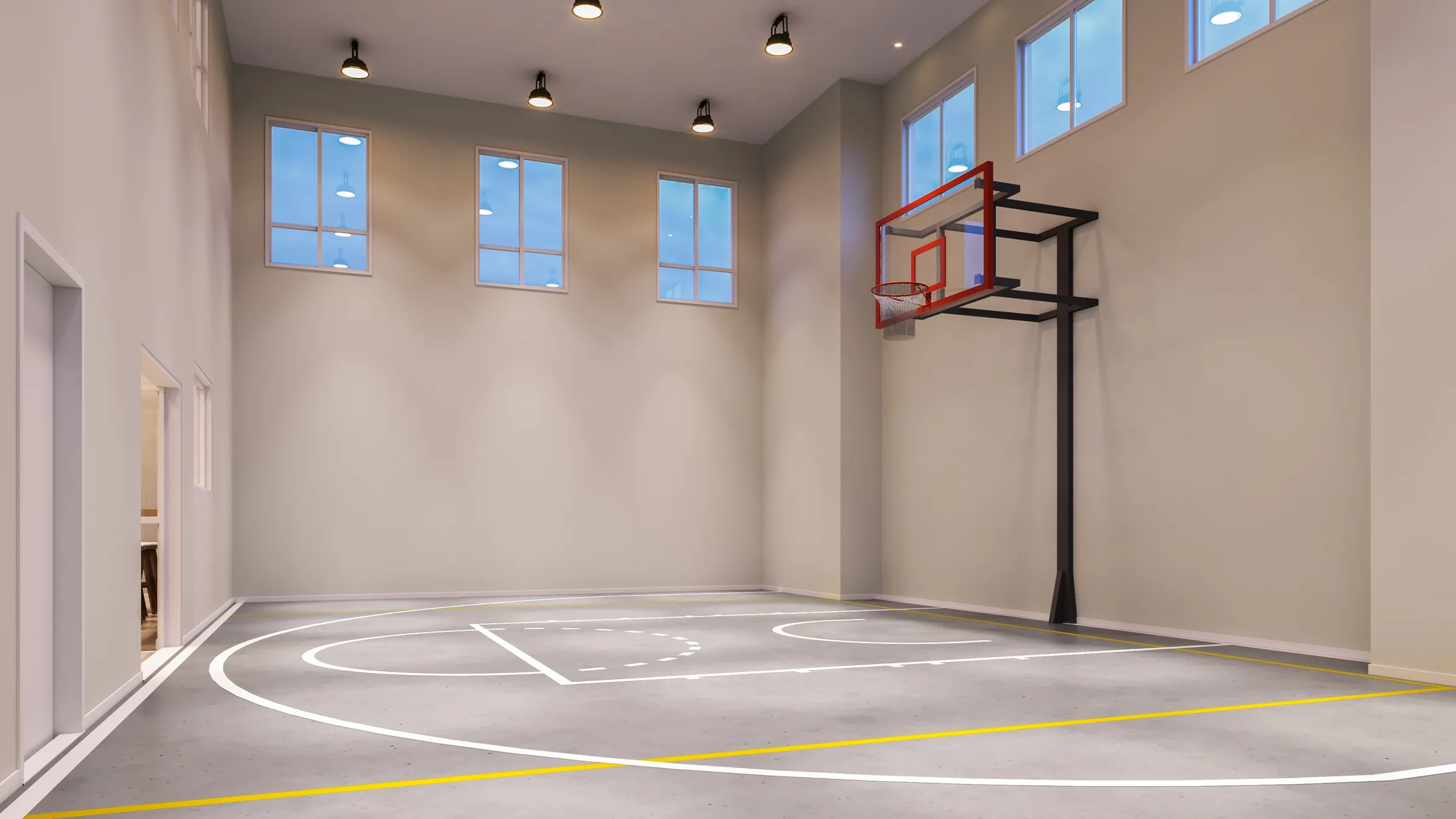 3D interior rendering by NoTriangle Studio of the multi-sport court in the Hazelwood Club in South Surrey, BC: a double-height room with a painted concrete floor, a wall-mounted basketball hoop, high windows and industrial pendant lights.