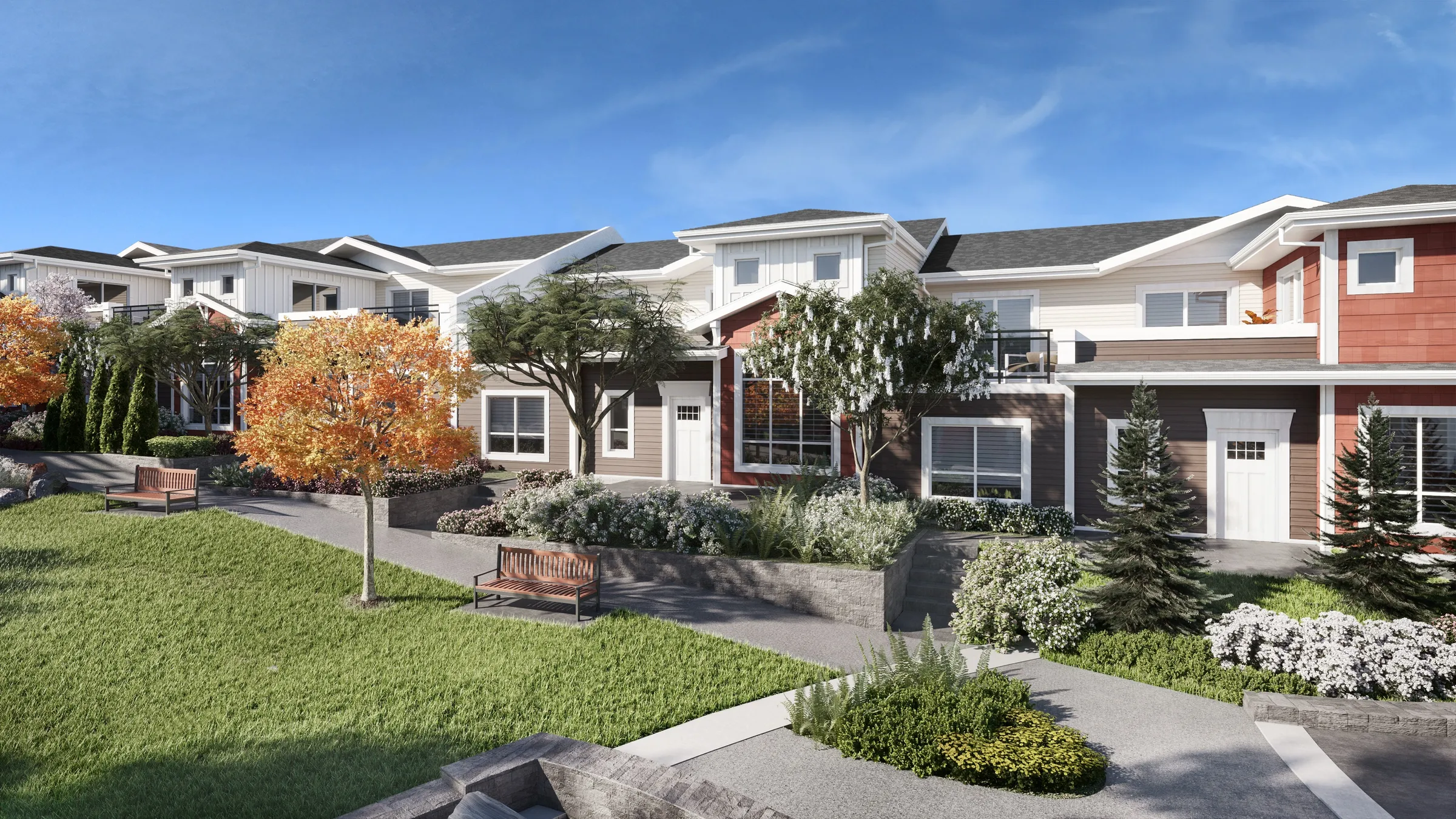 3D exterior rendering by NoTriangle Studio of the park side of Hazelwood in South Surrey, BC: a sloping lawn with wooden benches and orange autumn trees below a row of townhomes in white and red siding, with planted retaining walls and steps up to the front doors.