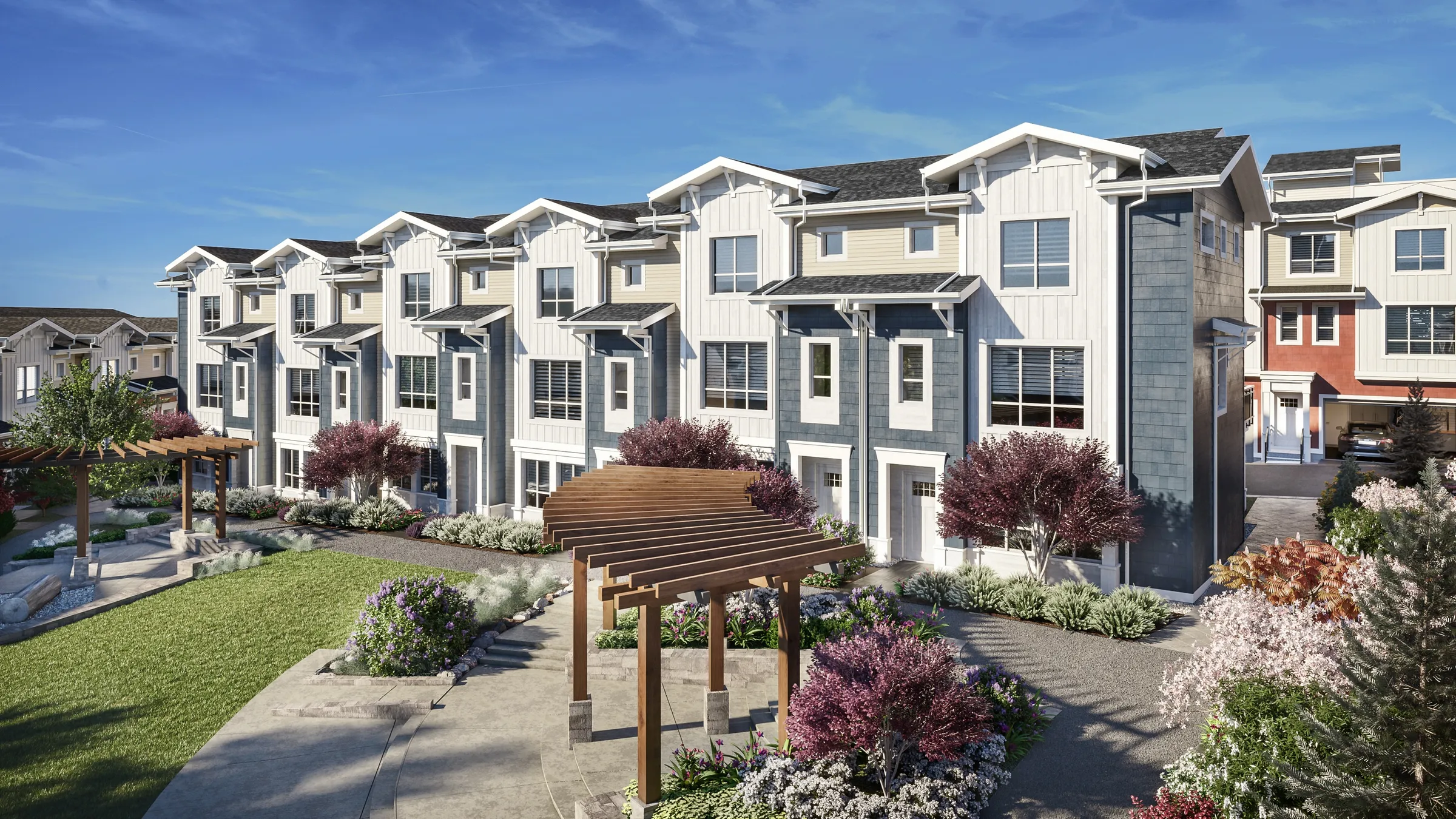 3D exterior rendering by NoTriangle Studio of a courtyard at Hazelwood in South Surrey, BC: a timber pergola over a paved path through flowering shrubs and purple-leaved trees, in front of a row of three-storey townhomes in white and slate-blue siding with gabled roofs, and a red-sided townhome beyond.