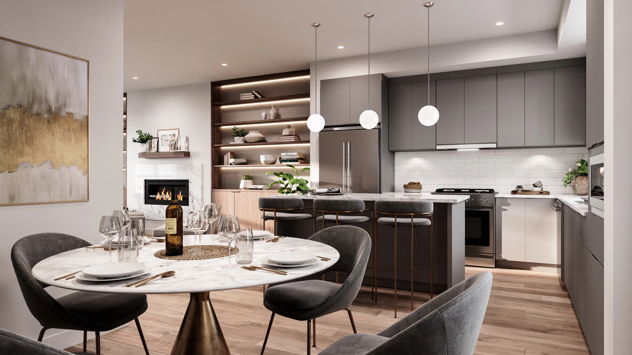 3D interior rendering by NoTriangle Studio of a townhome dining area and kitchen at Hazelwood in South Surrey, BC: a round marble table set for dinner with grey upholstered chairs, a kitchen with charcoal cabinets, an island with stools and globe pendants, and a fireplace with walnut shelving behind.