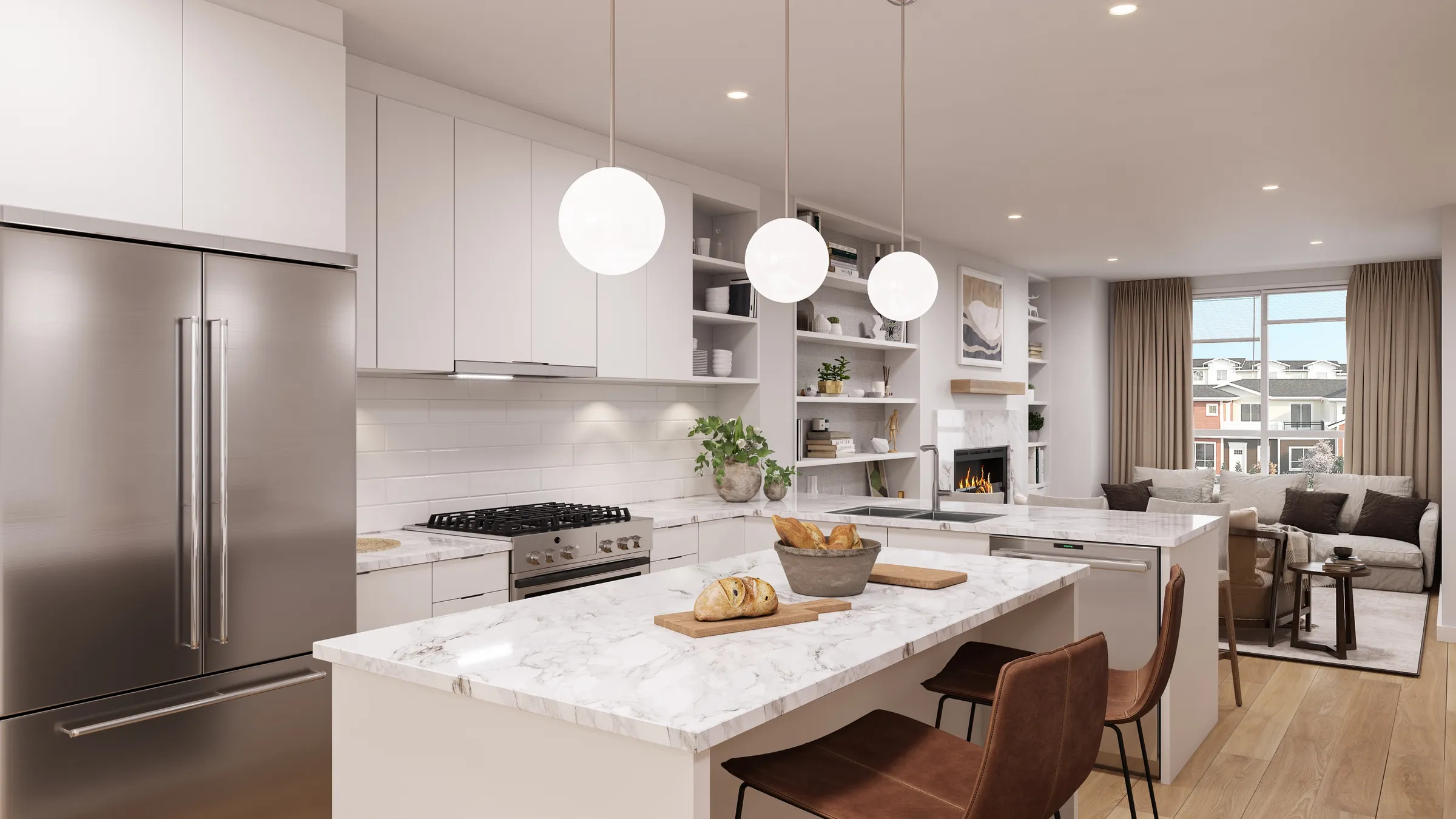 3D interior rendering by NoTriangle Studio of a townhome kitchen at Hazelwood in South Surrey, BC, in the light scheme: white flat-panel cabinets, a marble-look island with leather stools and bread on a board, three globe pendants, a gas range with white subway tile, and a living room with a fireplace and tall windows beyond.