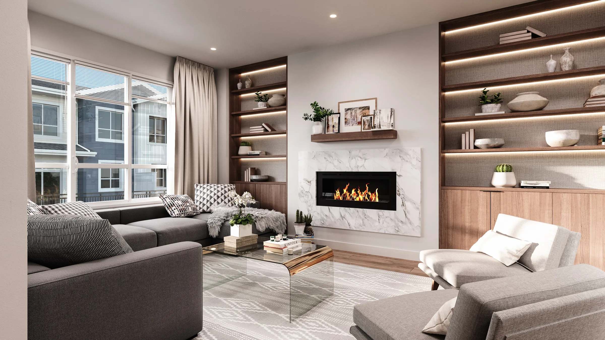 3D interior rendering by NoTriangle Studio of a townhome living room at Hazelwood in South Surrey, BC, in the darker scheme: a grey sectional and armchairs around a glass coffee table, a linear fireplace set in marble-look stone, walnut shelving with strip lighting on both sides, and a wide window looking out to neighbouring blue townhomes.