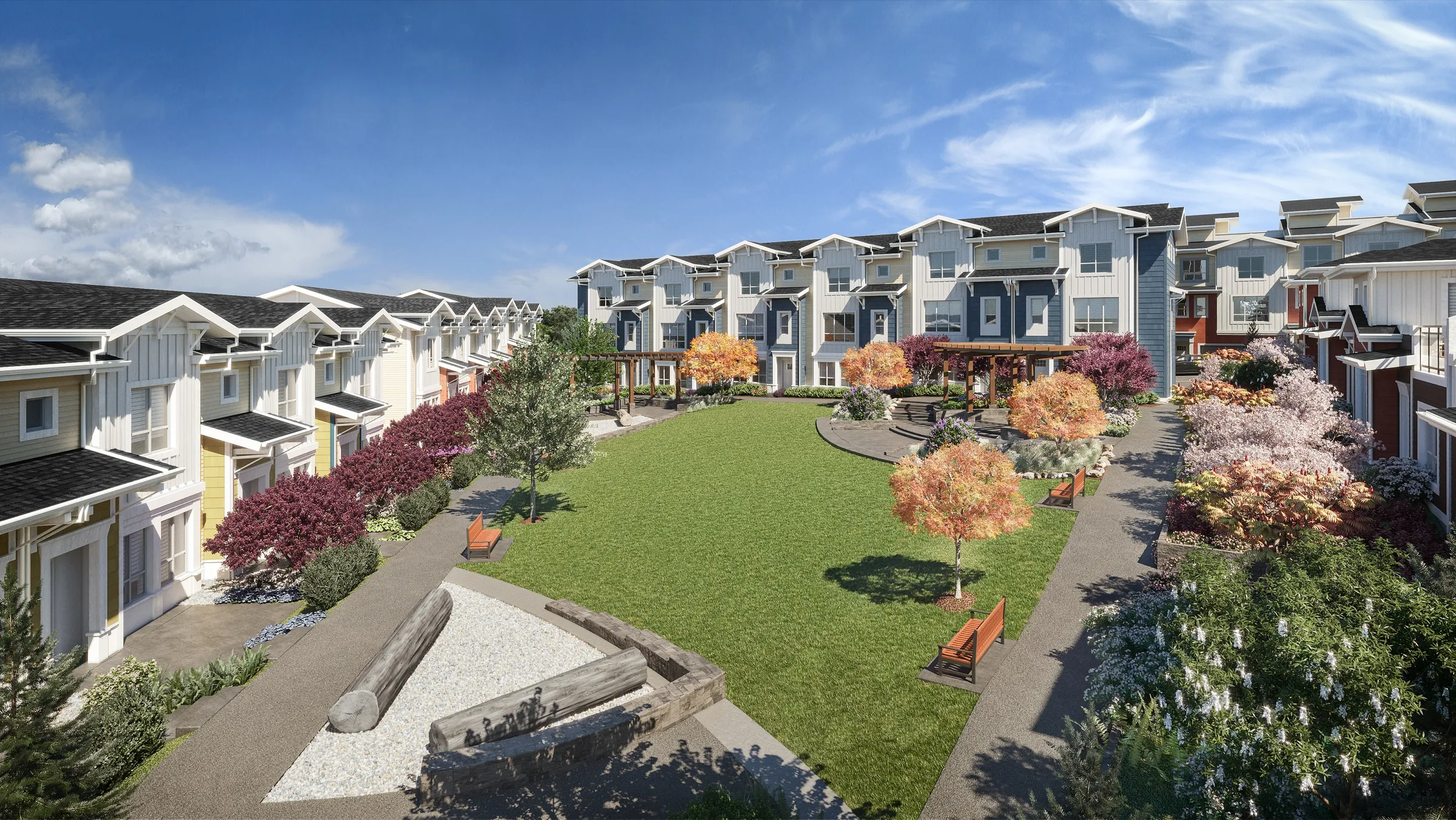 3D exterior rendering by NoTriangle Studio of Hazelwood, the townhome community by Hungerford Properties in South Surrey, BC: a raised view over a central lawn framed by rows of white, yellow and blue three-storey townhomes with gabled roofs, with two timber pergolas, benches, a gravel play area with logs and autumn trees.