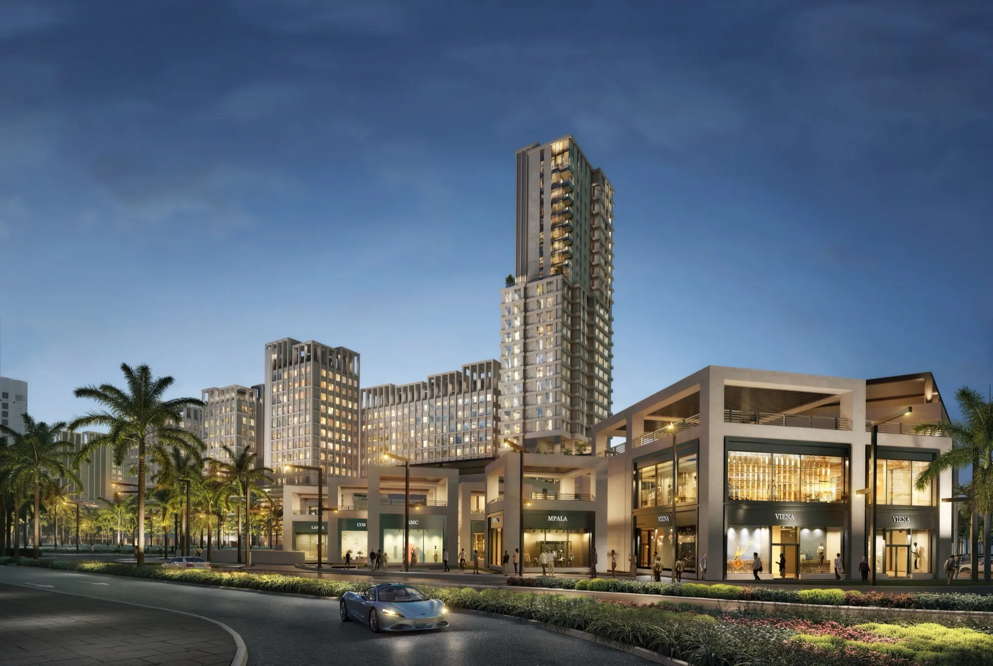 Exterior 3D rendering of Hessah Towers, twin 40-floor towers in the Hessah Al Mubarak District, Kuwait City