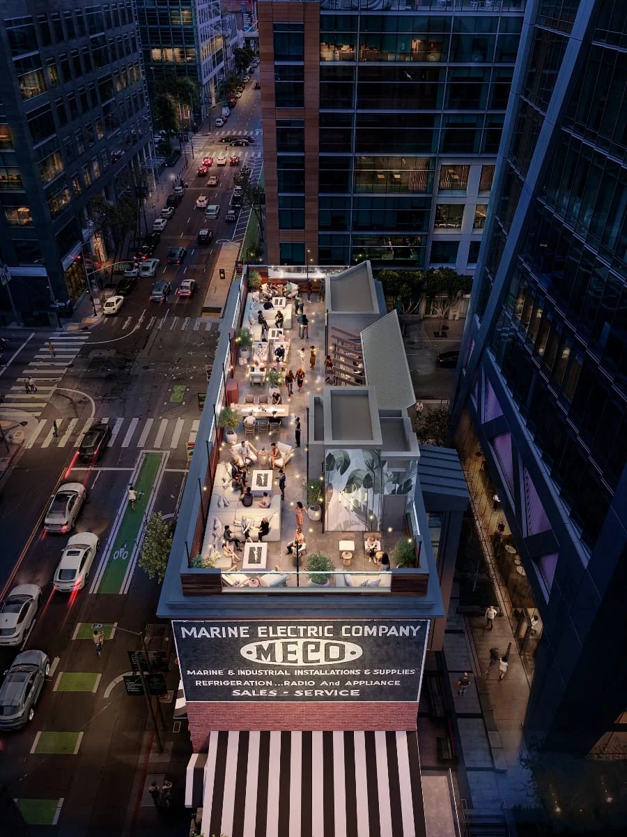 Aerial 3D rendering at dusk of a multi-unit building's rooftop amenity deck above a city street and storefronts
