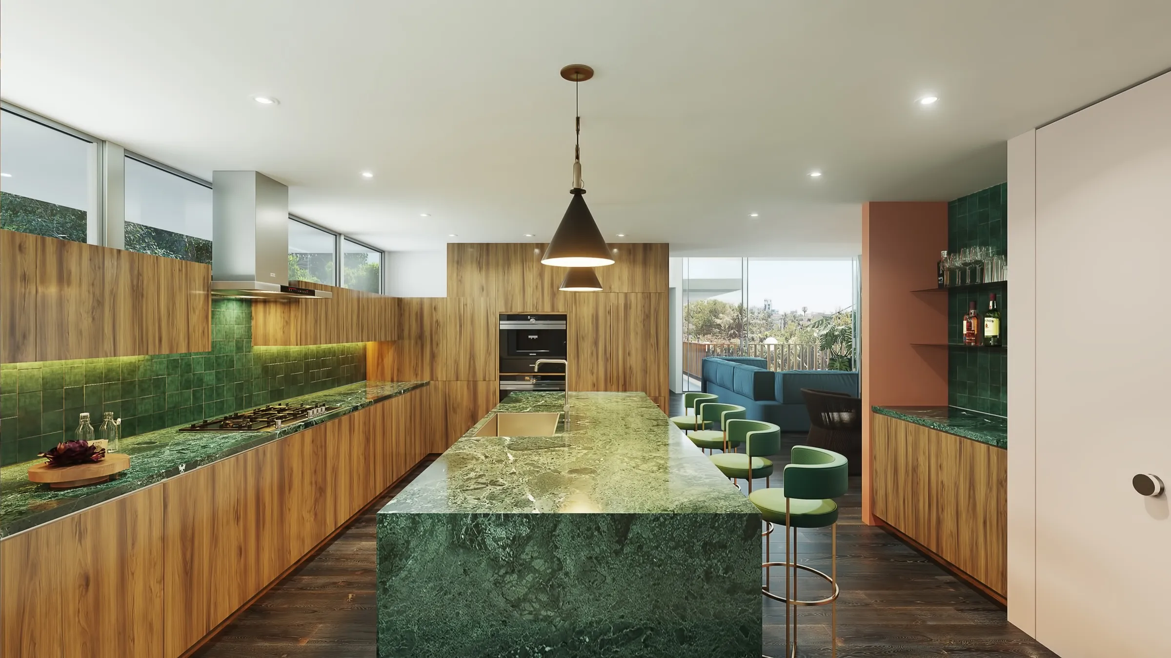 Photorealistic 3D rendering by NoTriangle Studio of a kitchen for a private residence designed by Hsu McCullough: a green marble island and counters, green glazed tile, walnut cabinets and green velvet stools, with a blue sofa beyond.