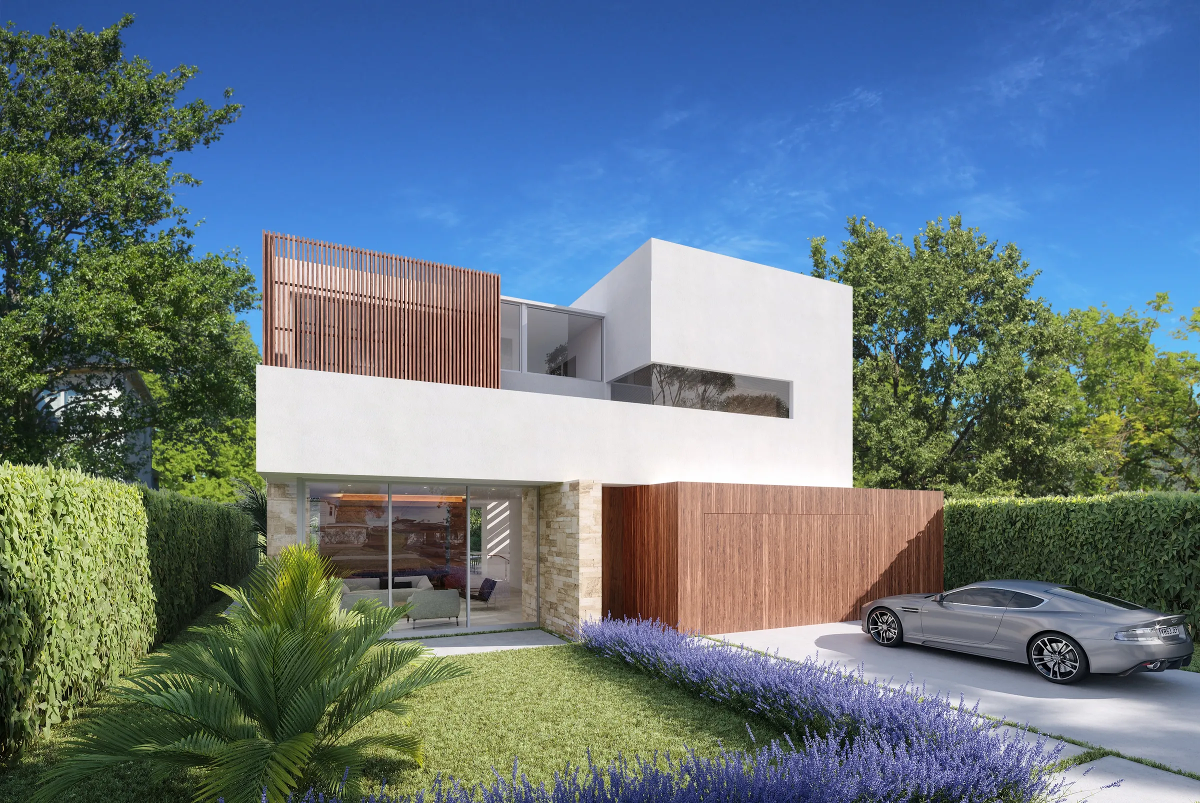 Photorealistic 3D rendering by NoTriangle Studio of a private modern residence designed by Hsu McCullough in Los Angeles: white plaster volumes, a vertical timber slat screen, a stone base and timber garage door, with lavender along the lawn.