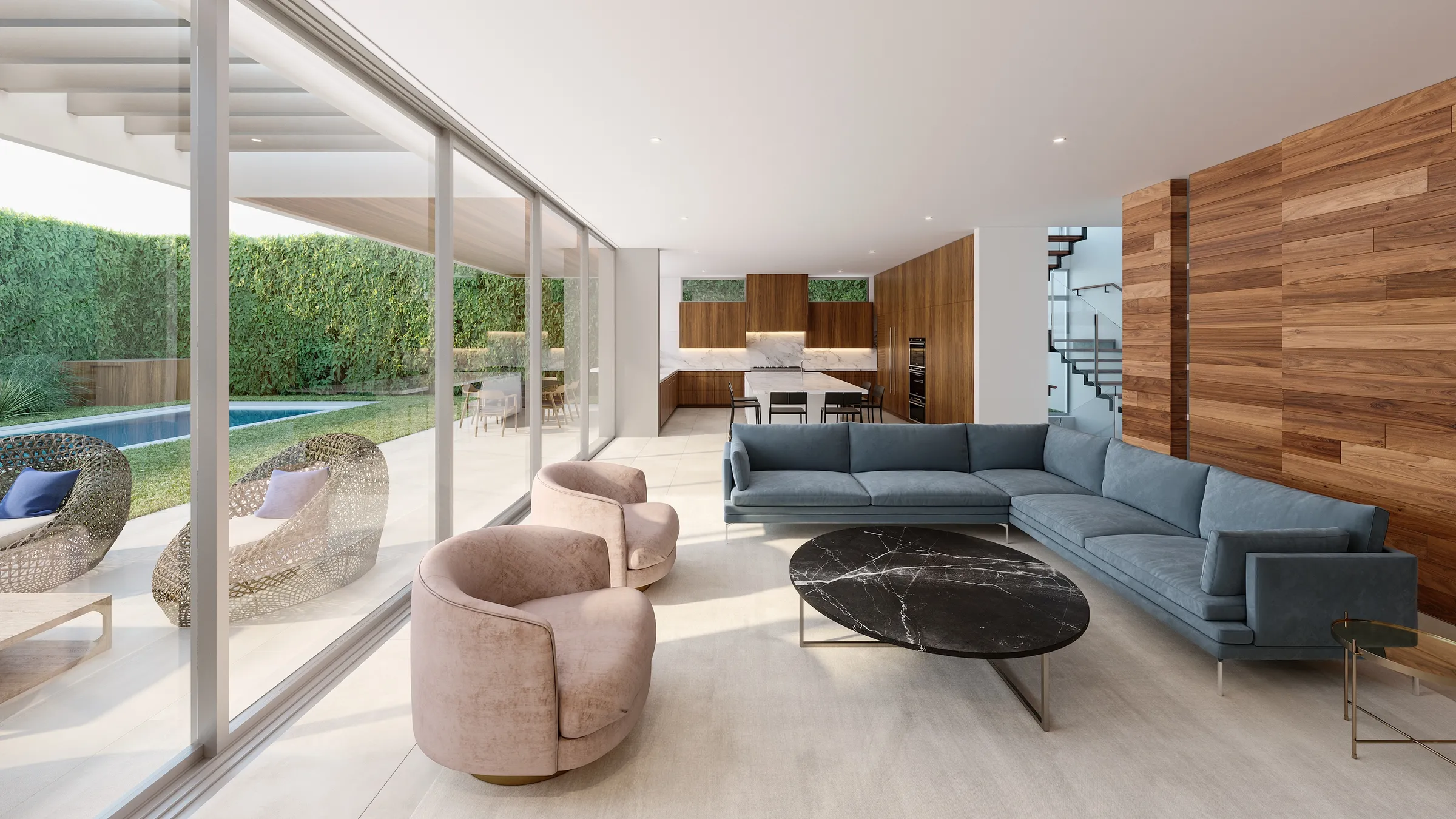 Photorealistic 3D rendering by NoTriangle Studio of the living room of a private modern residence designed by Hsu McCullough in Los Angeles: a blue sectional and two blush velvet swivel chairs around a black marble table, a walnut-clad wall, an open kitchen with walnut cabinets and a marble island, and a full-height glass wall onto a covered terrace, lawn and pool.