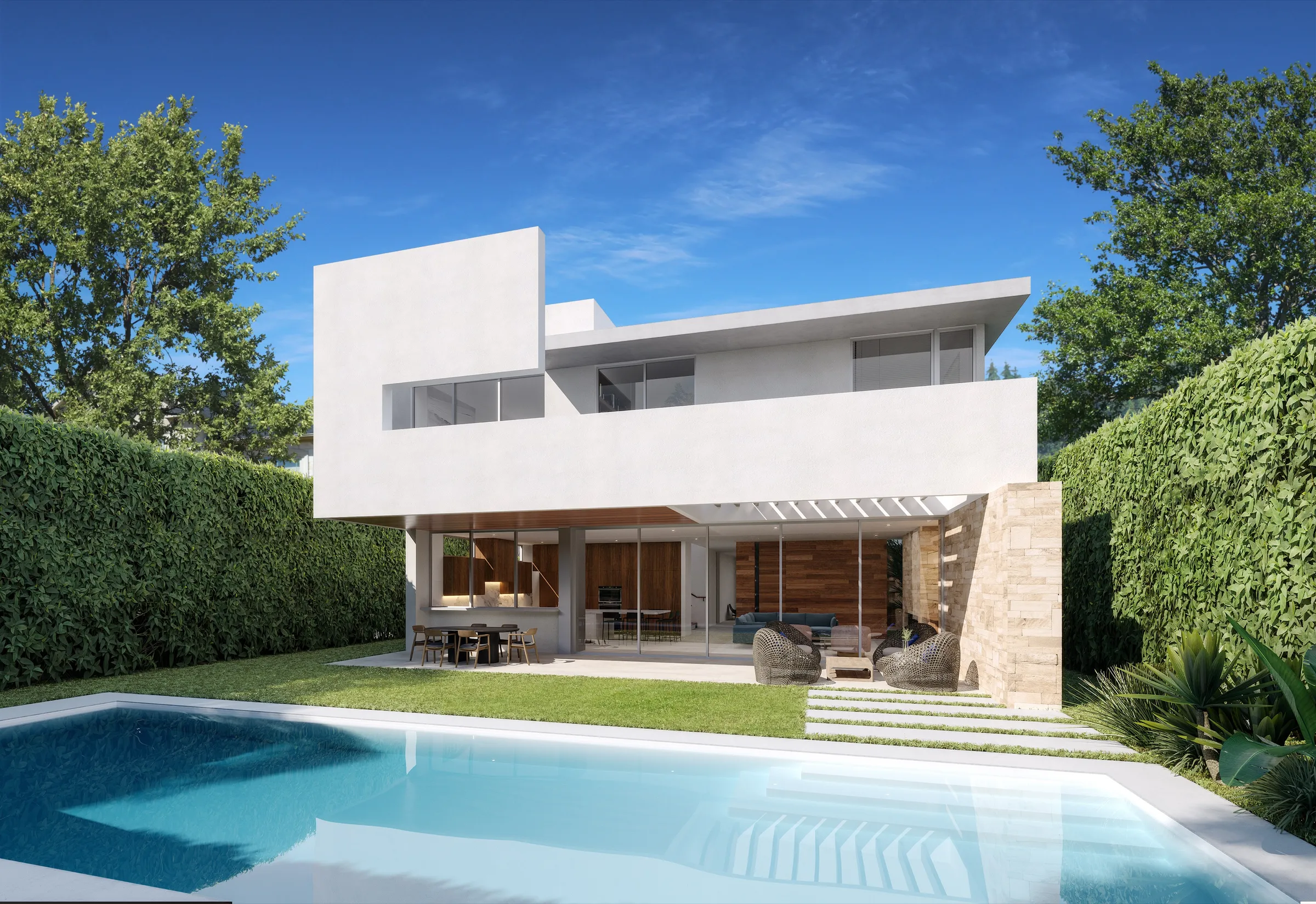 Photorealistic 3D rendering by NoTriangle Studio of the rear of the same private residence designed by Hsu McCullough in Los Angeles: a white plaster upper floor over a glazed ground floor, a stone chimney wall, a lawn and a pool.