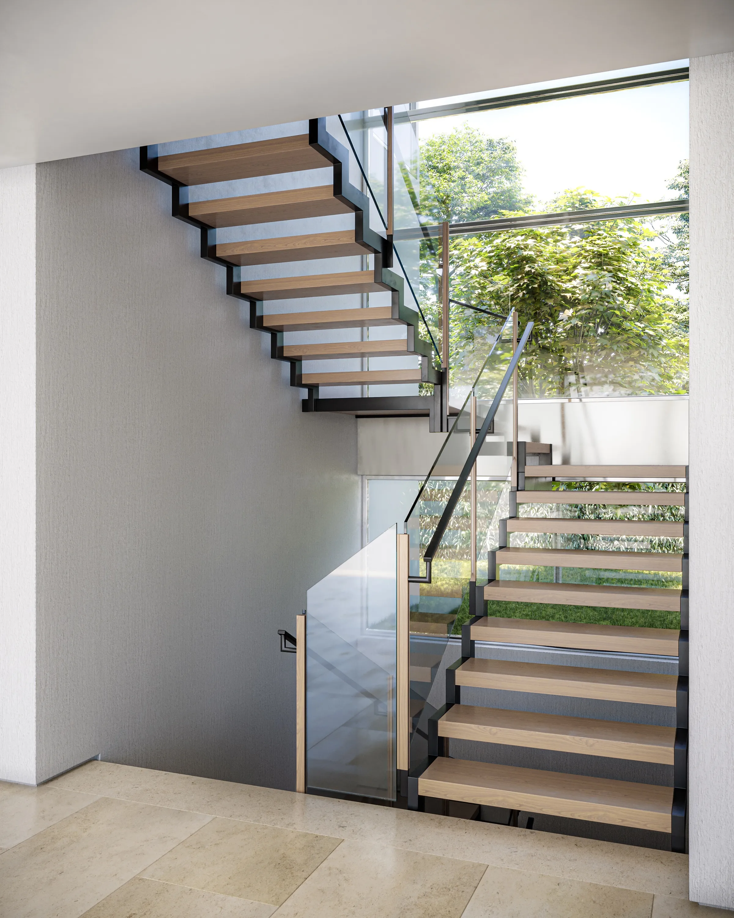 Photorealistic 3D rendering by NoTriangle Studio of a floating staircase option for a private residence designed by Hsu McCullough: oak treads on black steel stringers with a glass balustrade, in front of a tall window onto trees.