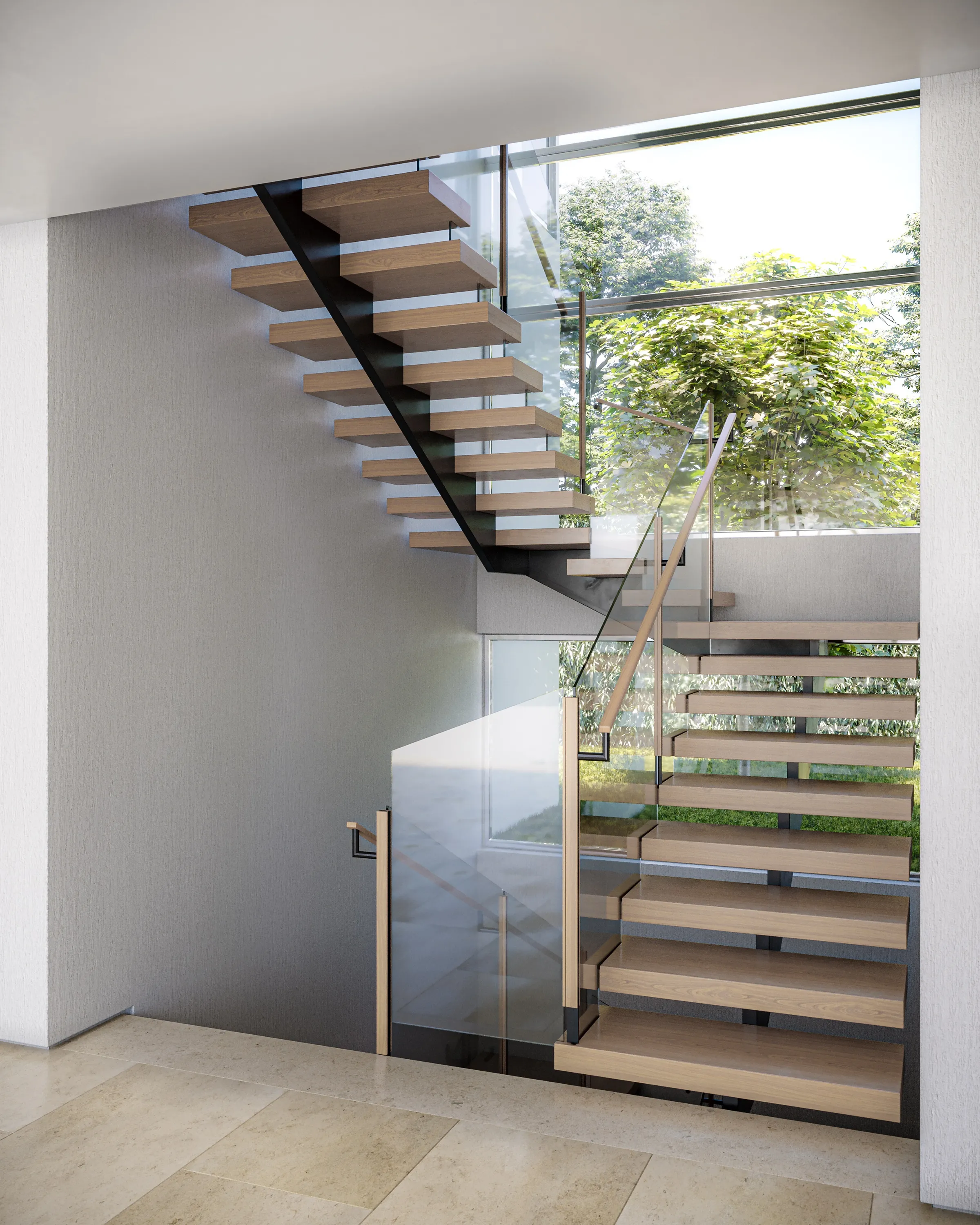 Photorealistic 3D rendering by NoTriangle Studio of another floating staircase option for the same residence, from the same camera: thick oak treads cantilevered from a single central steel spine, with a glass balustrade and oak handrail.