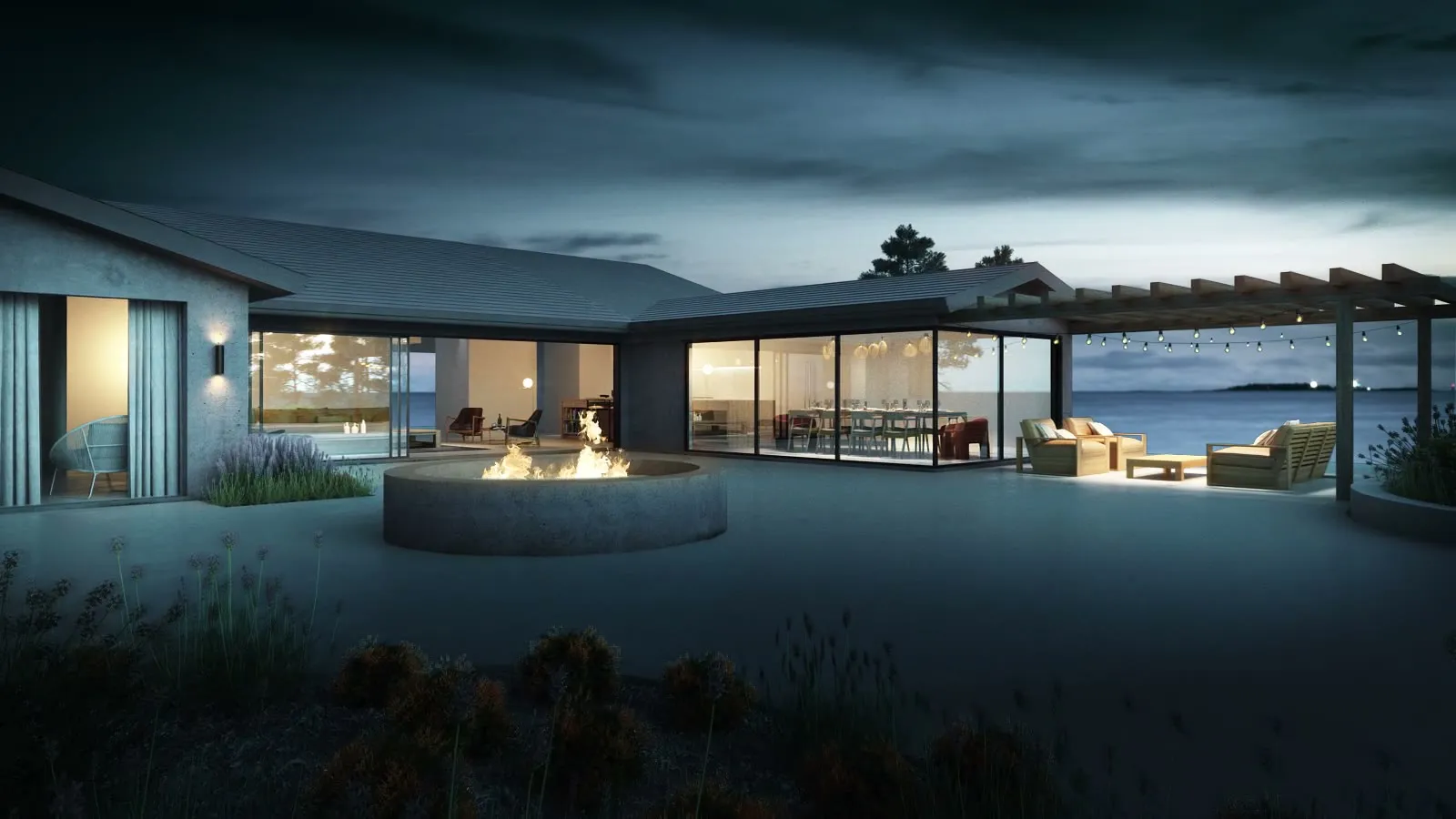 Still from a Hsu McCullough ranch house film: the courtyard at dusk with a fire pit and lit glass rooms around it, animated by NoTriangle Studio.