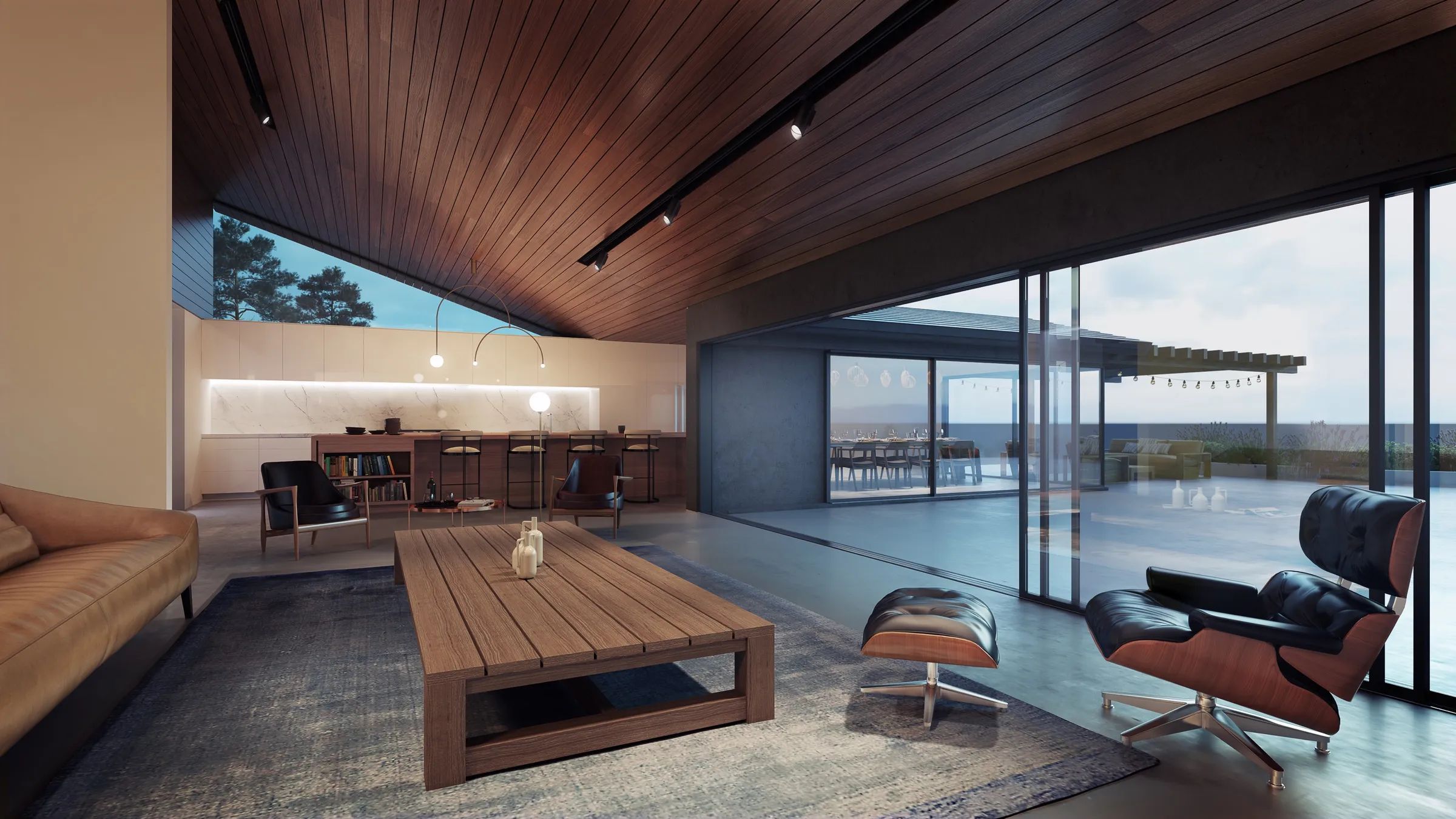 Photorealistic 3D rendering by NoTriangle Studio of the living room of the same ranch house: a sloping timber ceiling with track lights, a leather lounge chair and a timber coffee table, and sliding glass onto the terrace.