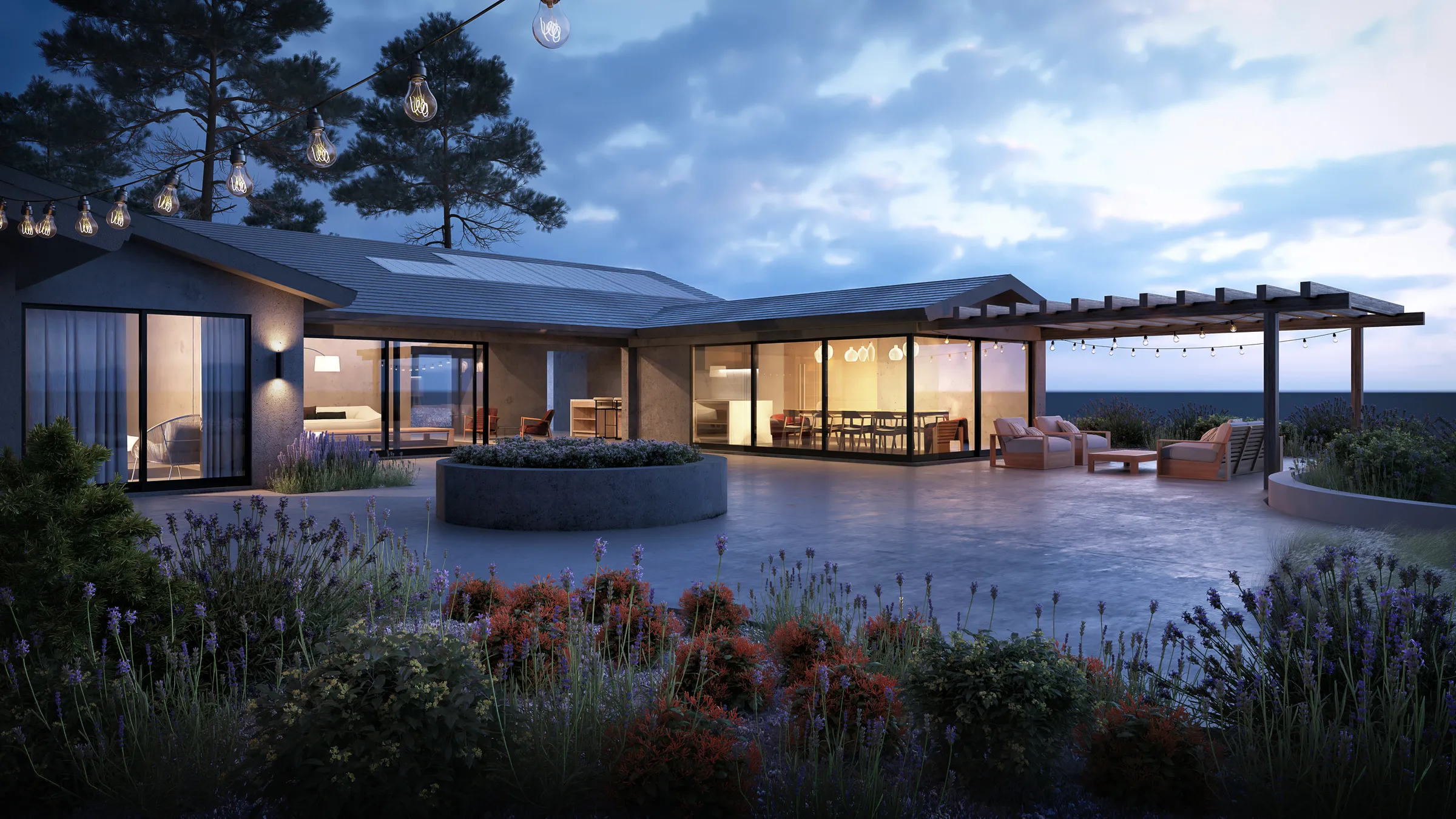 Photorealistic 3D rendering by NoTriangle Studio of a single-storey ranch house designed by Hsu McCullough at dusk: lit glass rooms around a stone terrace with a round planter, a pergola with string lights, and lavender in the foreground.