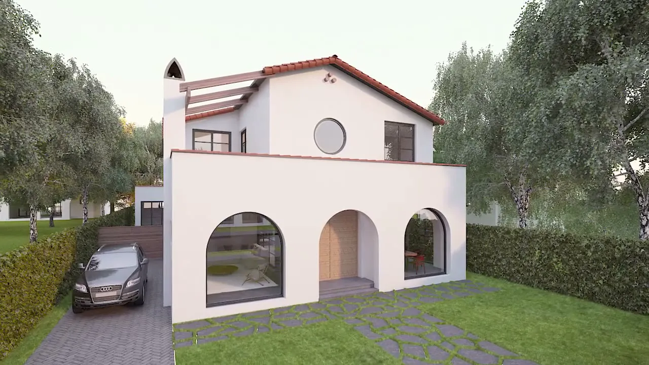 Still from a Hsu McCullough film: a white Spanish Colonial home with arched openings, a tiled roof and a paved driveway, animated by NoTriangle Studio.