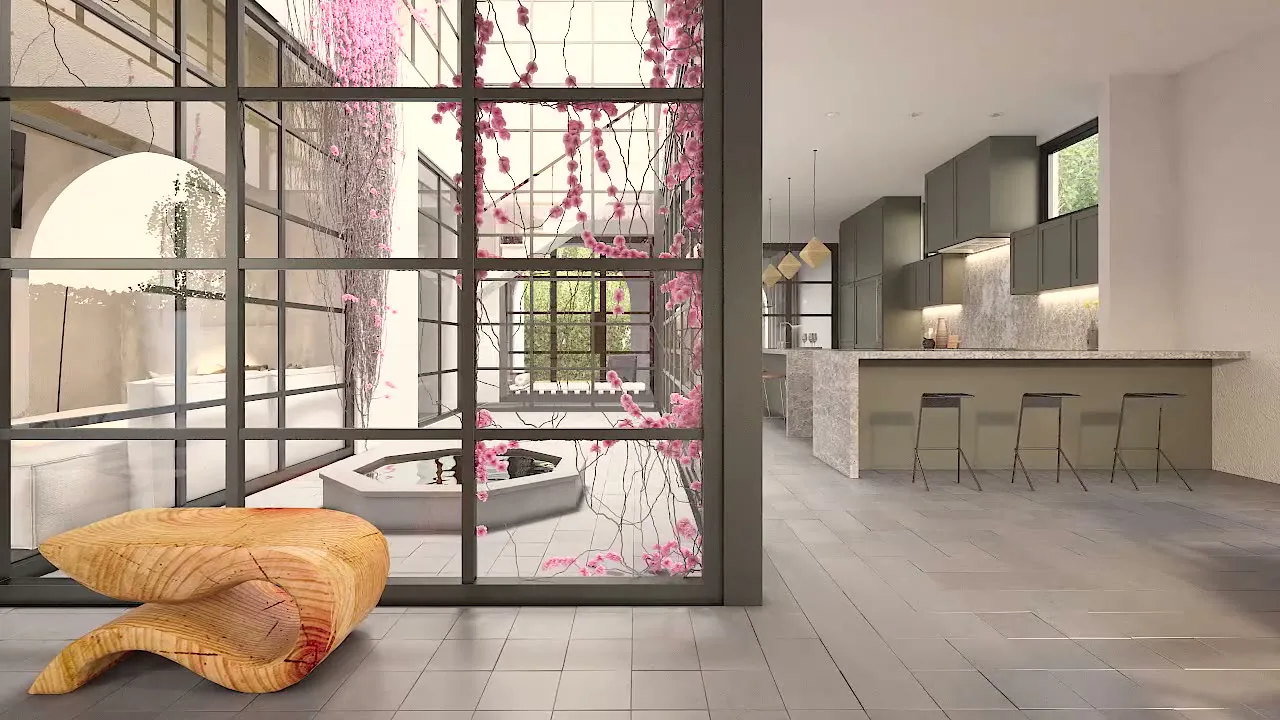 Still from an interior walkthrough film for a Spanish Colonial home in Los Angeles: a glazed courtyard with a blossoming tree beside an open kitchen, animated by NoTriangle Studio.