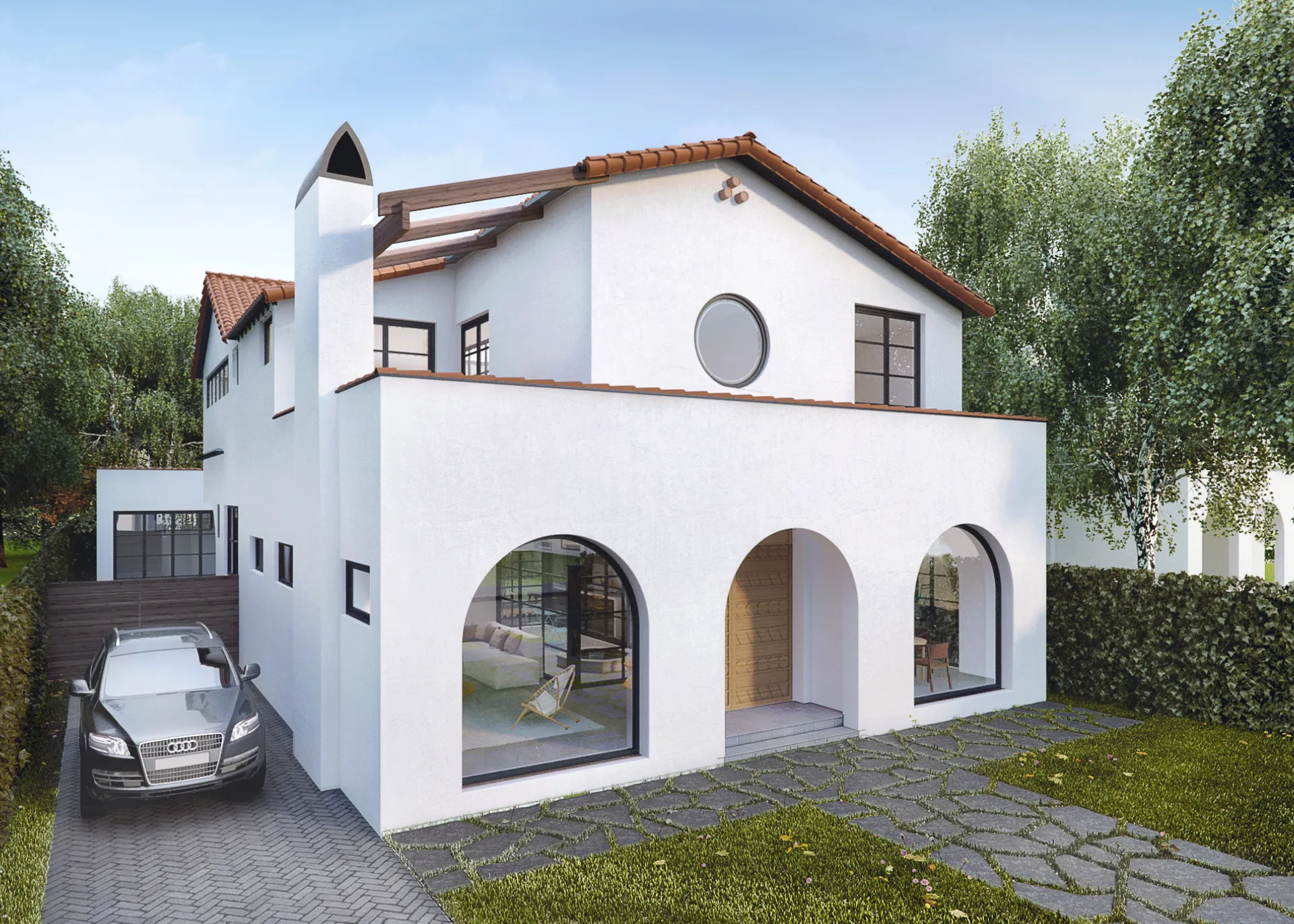 Photorealistic 3D rendering by NoTriangle Studio of the same Spanish Colonial residence from the front garden: three arched openings, a round window, a pergola on the upper terrace and a car on the paved drive.