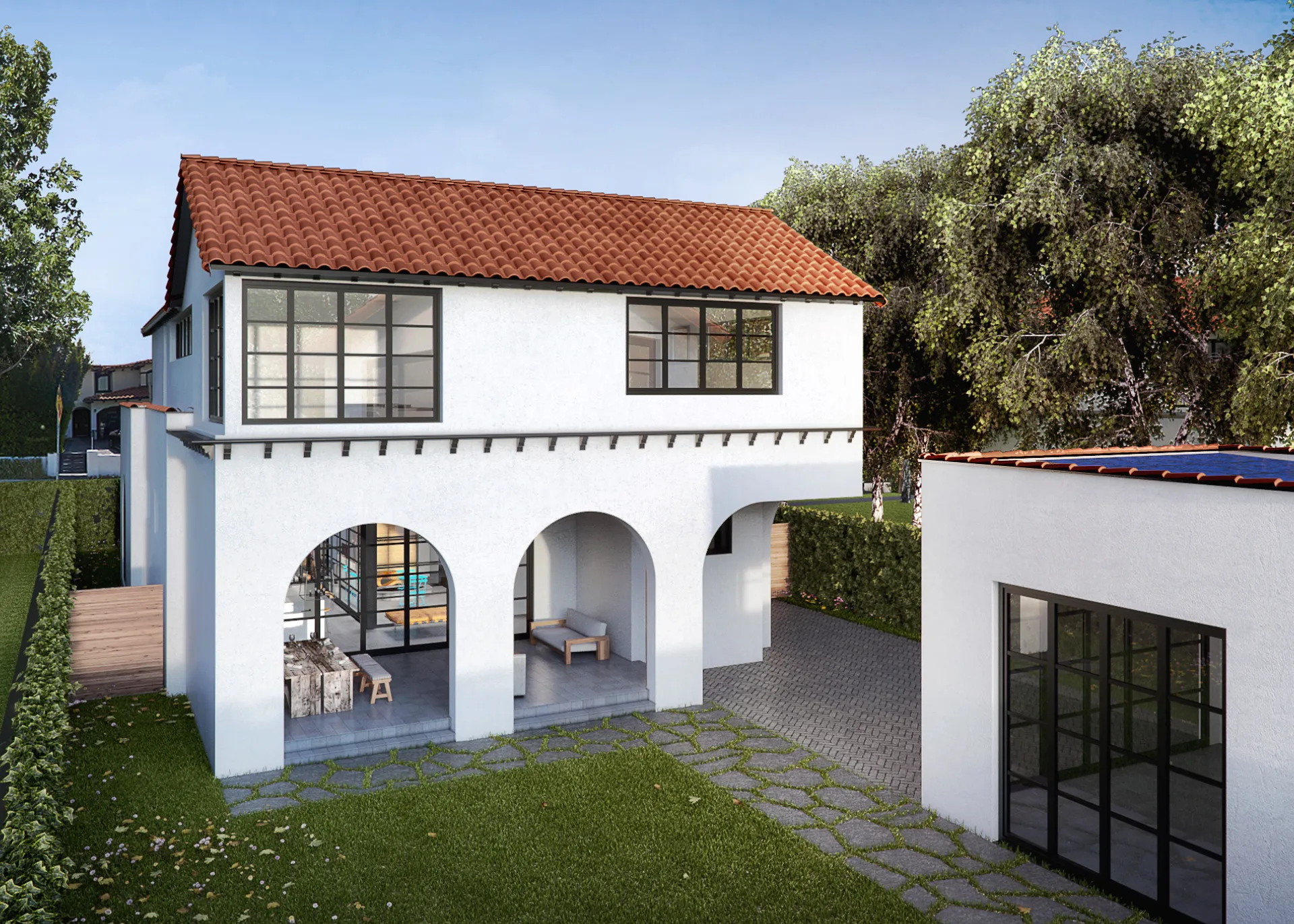 Photorealistic 3D rendering by NoTriangle Studio of a Spanish Colonial residence in Los Angeles designed by Hsu McCullough: white plaster, a red tile roof, black steel windows and an arched loggia opening onto a lawn and stone path.