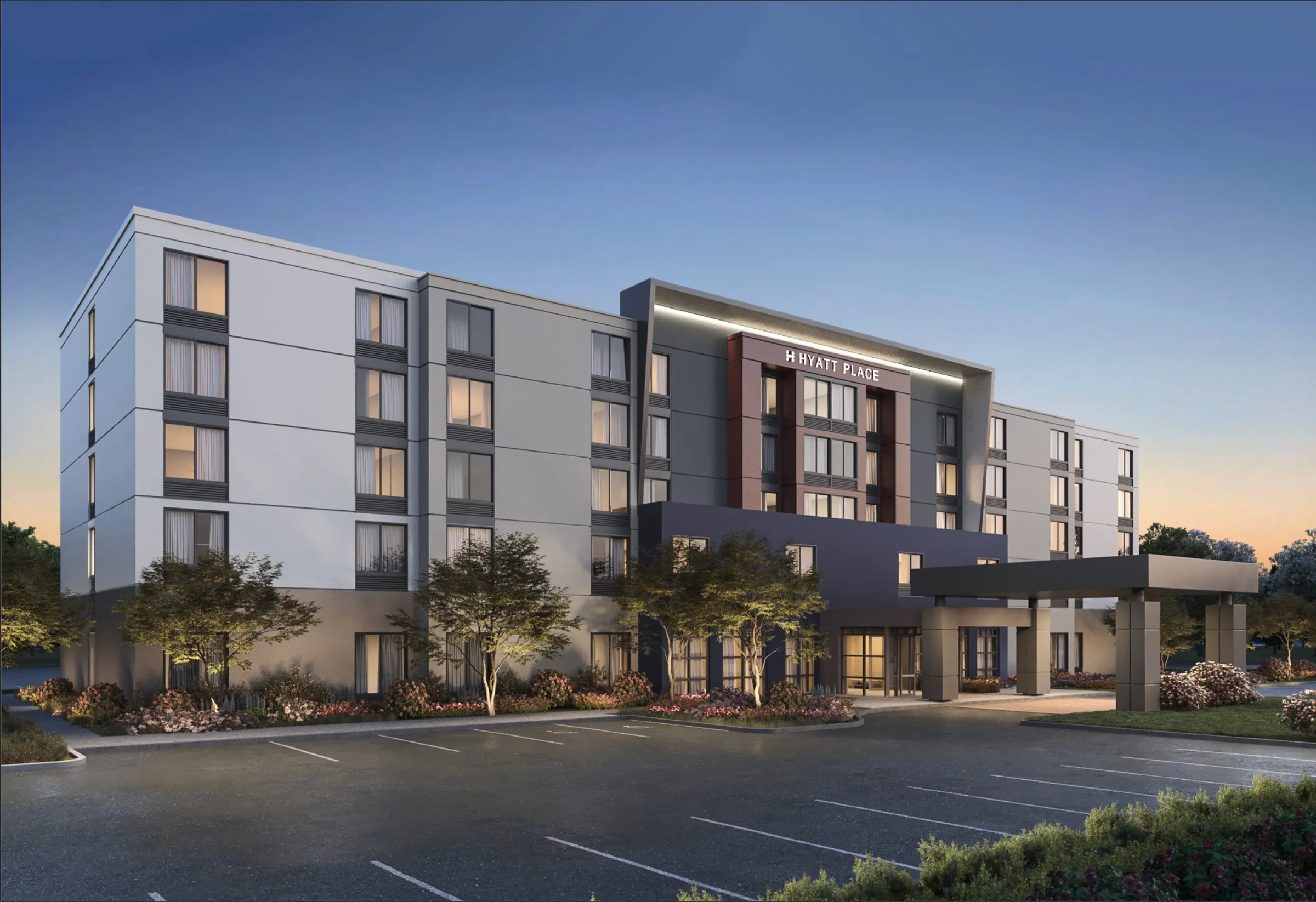 Dusk 3D rendering of the renovated Hyatt Place Bentonville/Rogers in Rogers, Arkansas, a five-storey hotel in white and grey panels with a lit Hyatt Place sign on the entry tower, a flat porte-cochere and landscaped beds along the parking court.