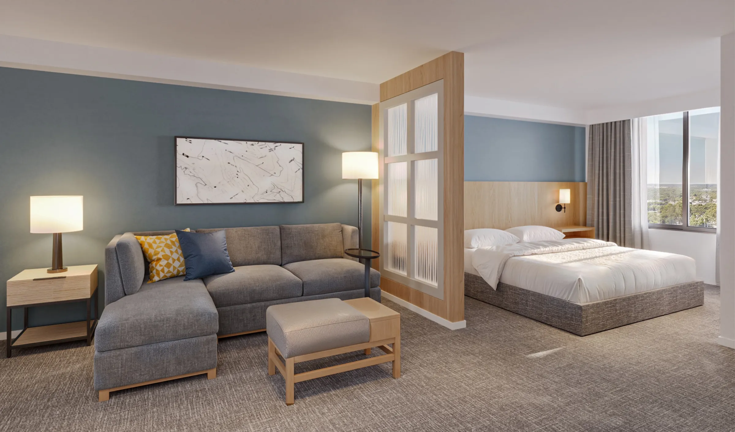 3D interior rendering of a renovated king guest room at Hyatt Place Bentonville/Rogers in Rogers, Arkansas, a grey sectional sofa and timber-framed ottoman against a blue accent wall, a timber divider with frosted square panels, and the king bed against a blue wall by the window.