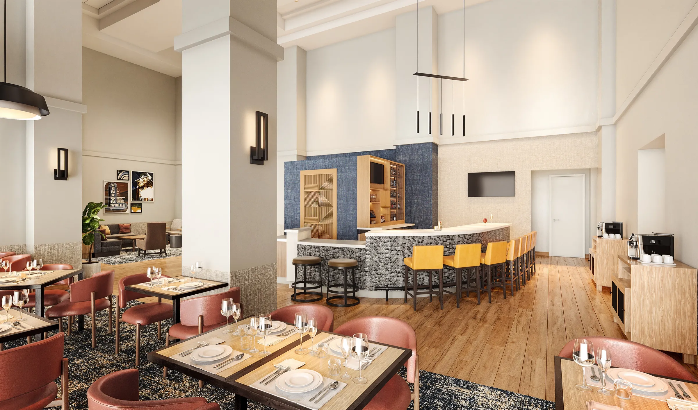 3D interior rendering of the renovated lobby at Hyatt Place Bentonville/Rogers in Rogers, Arkansas, a bar with a grey mosaic-tiled front and yellow stools against a blue textured wall, a coffee station, rust leather dining chairs on a navy patterned carpet, and linear pendant lights under a high ceiling.