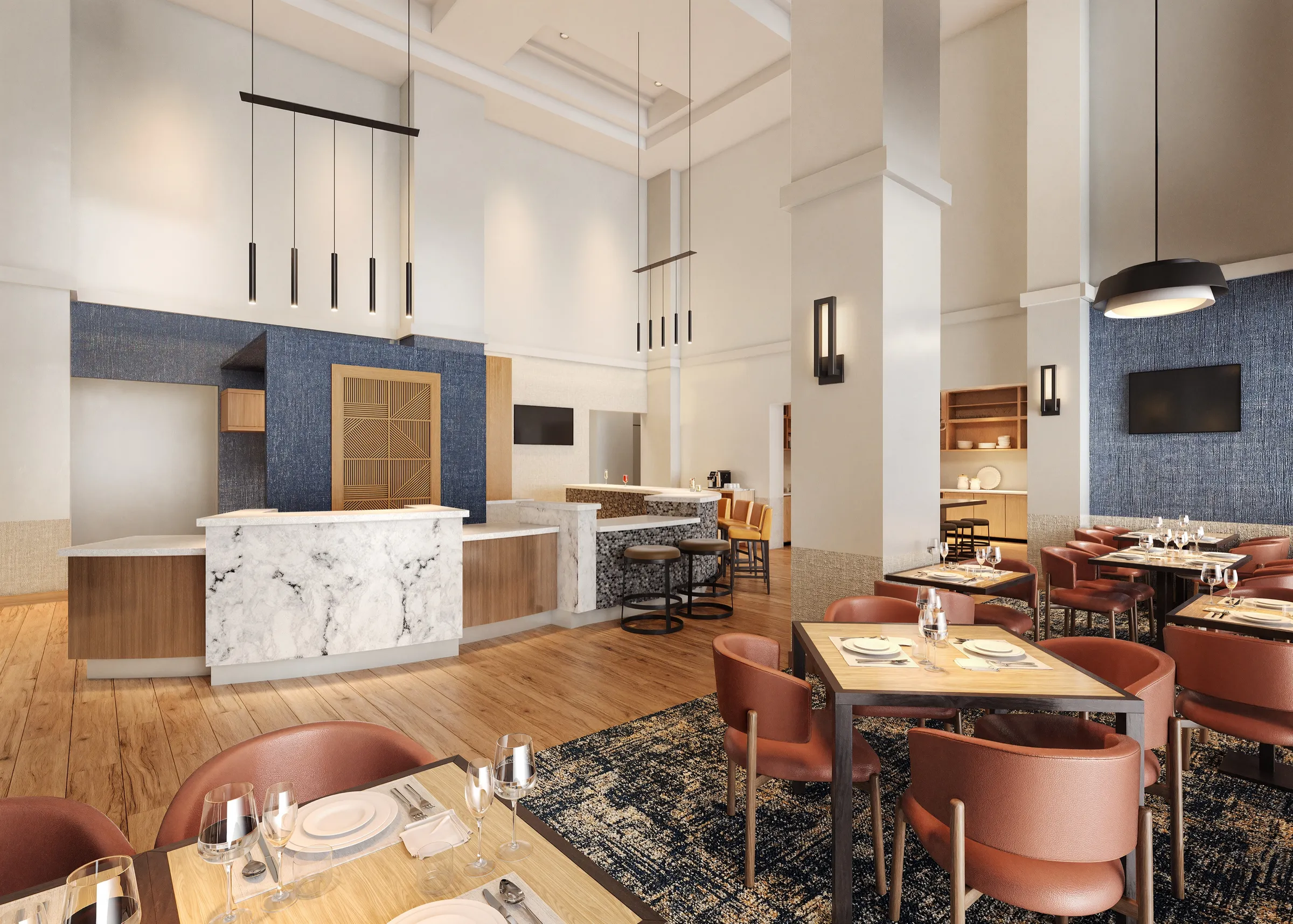 3D interior rendering of the reception in the renovated lobby at Hyatt Place Bentonville/Rogers in Rogers, Arkansas, a white marble front desk with walnut side panels before a blue textured feature wall and a timber screen, with the bar beyond and rust leather dining chairs on a navy patterned carpet.