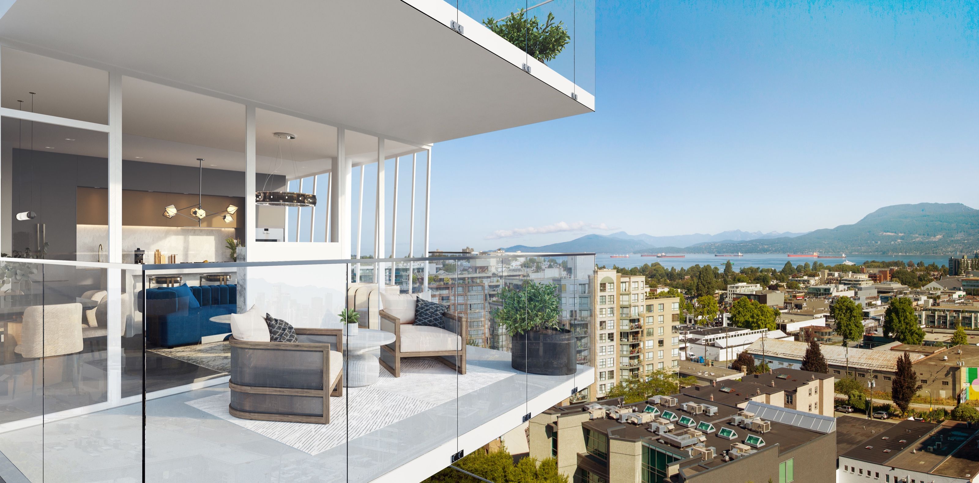 3D rendering of a private terrace at Italia by Solterra in Vancouver, with lounge seating overlooking English Bay and the North Shore mountains