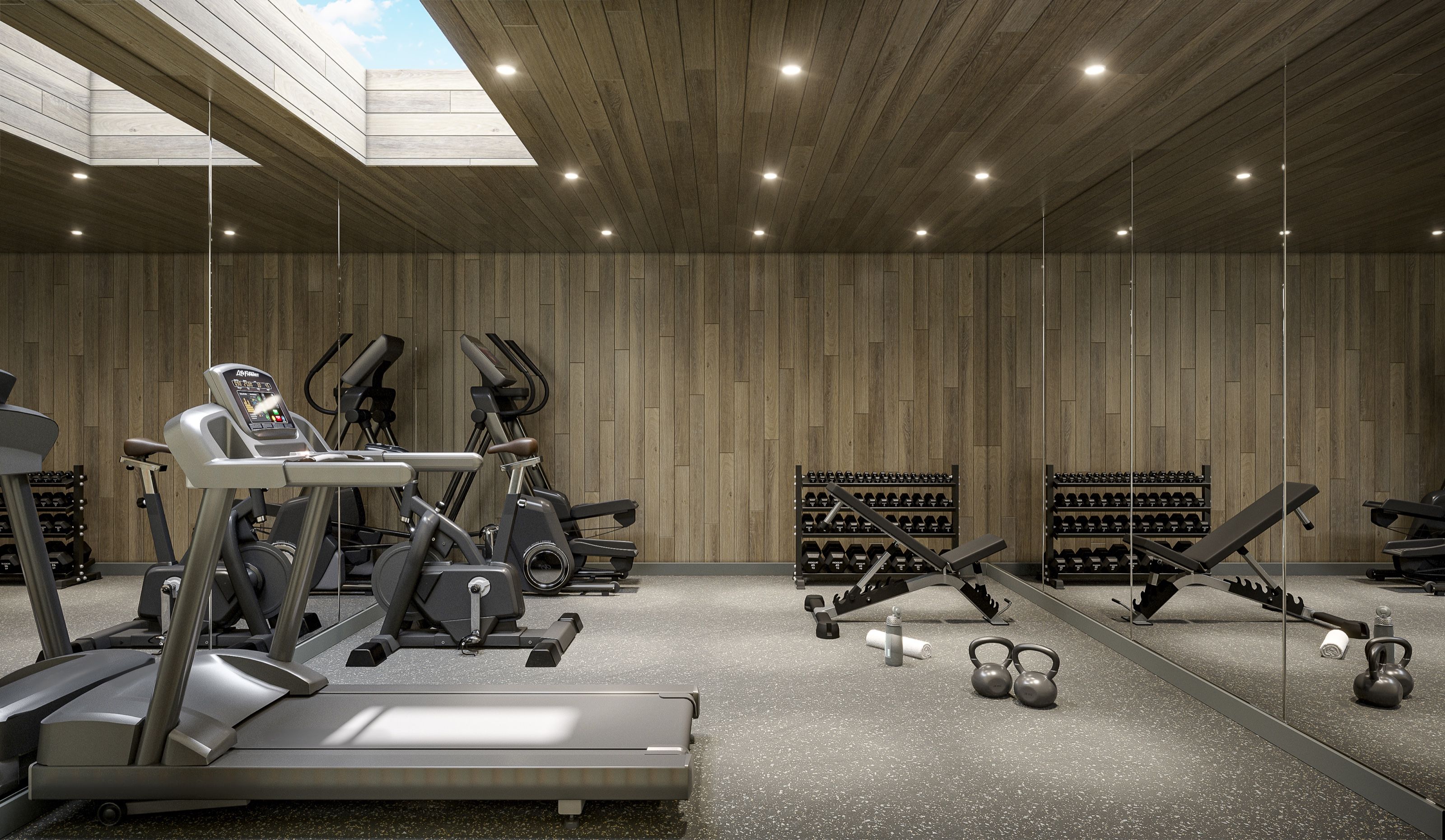 3D interior rendering of the residents' fitness studio at Italia by Solterra in Vancouver, with cardio equipment and free weights