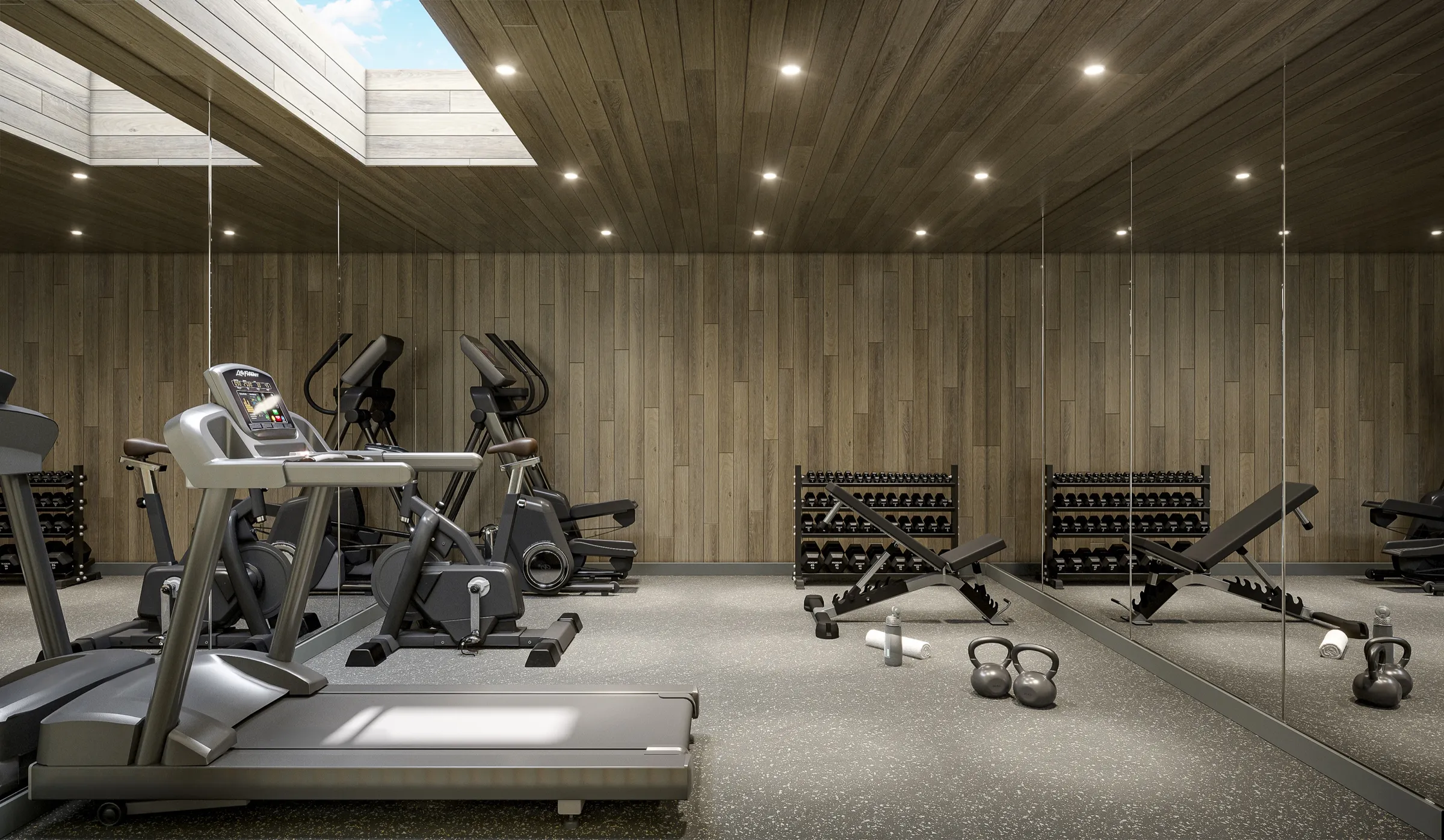 3D interior rendering of the residents' fitness studio at Italia by Solterra in Vancouver, with cardio equipment and free weights