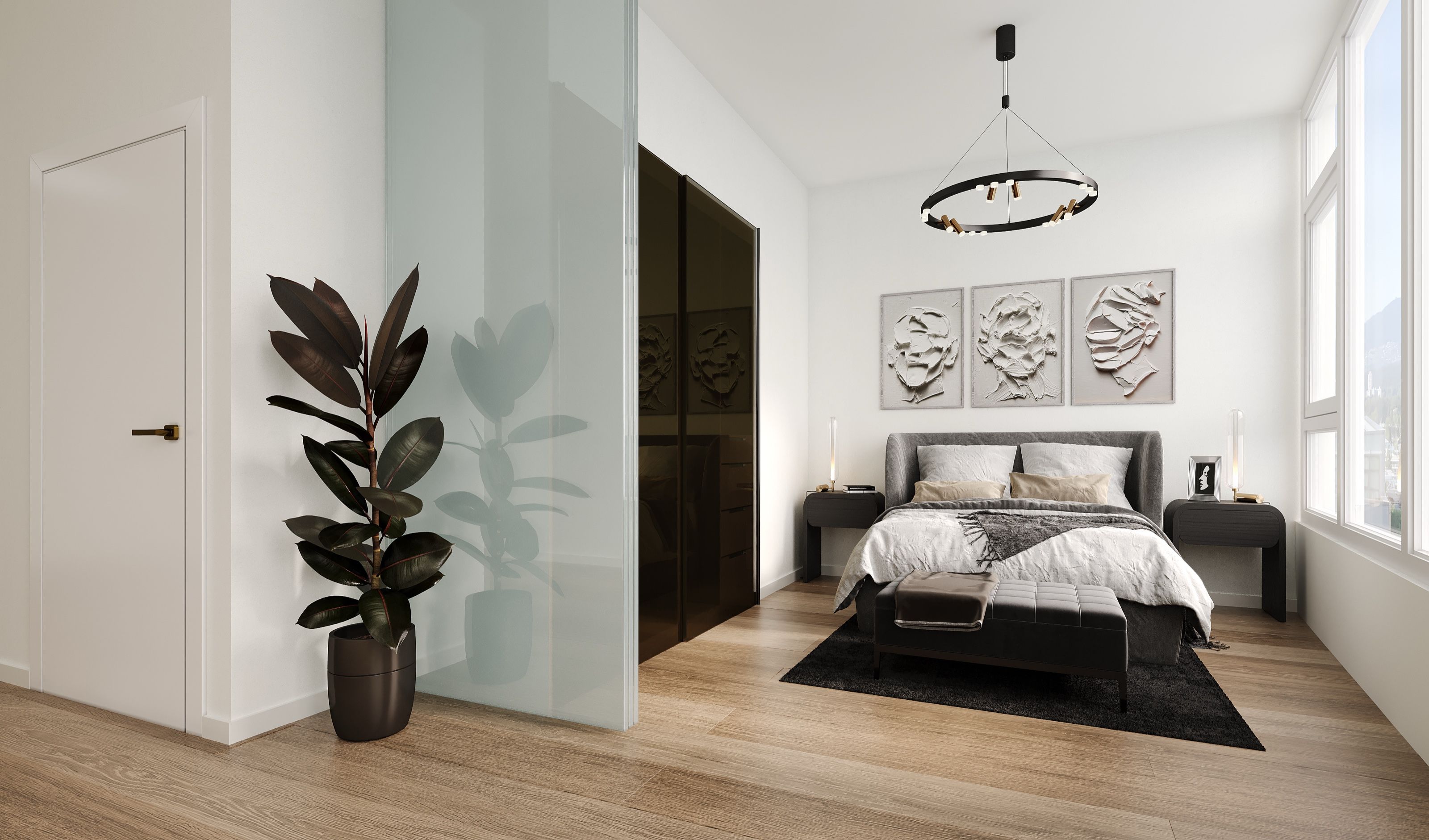 3D interior rendering of a bedroom at Italia by Solterra in Vancouver, with framed artwork and mountain views