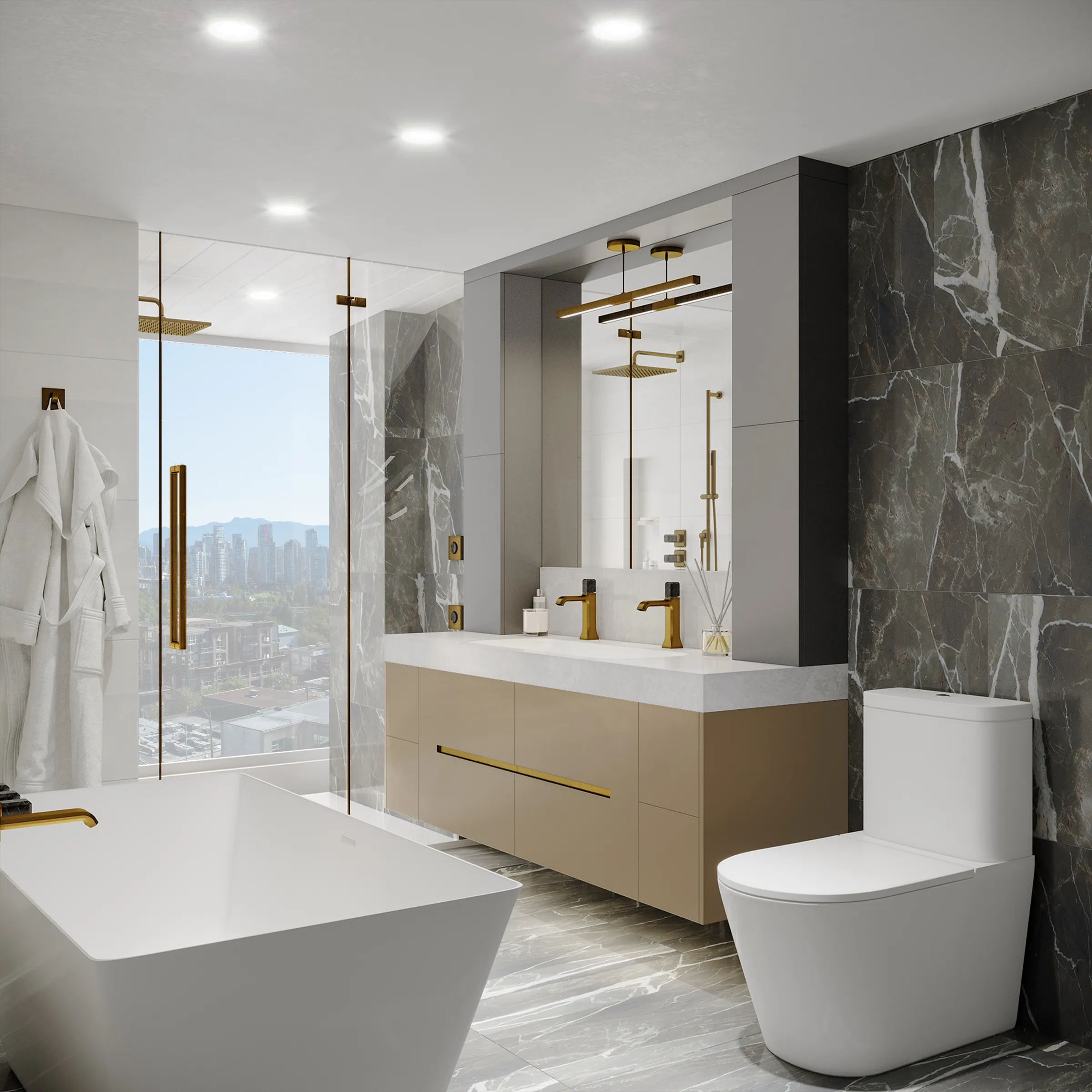 3D interior rendering of an ensuite bathroom at Italia by Solterra in Vancouver, with a freestanding tub, double vanity, and marble walls