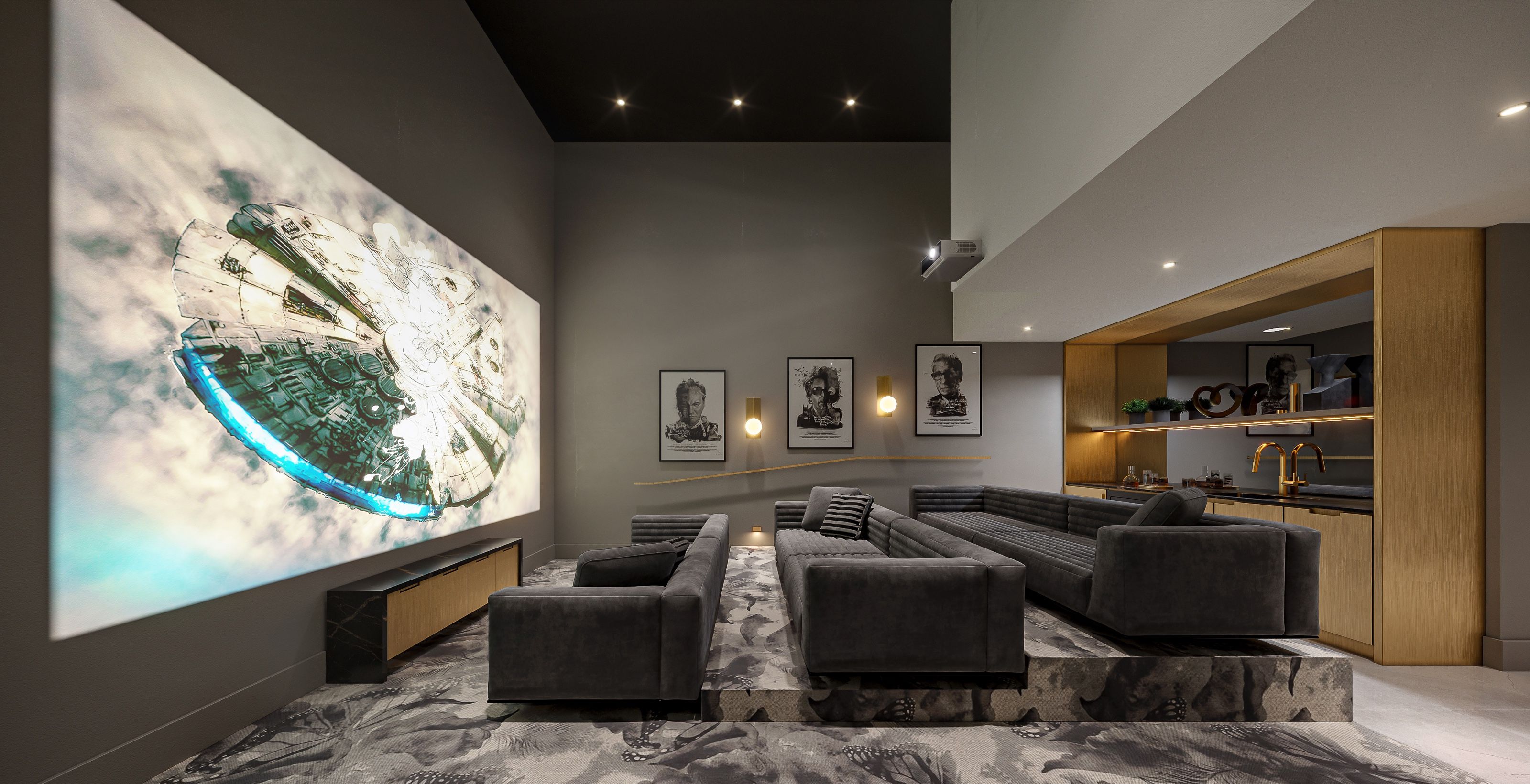 3D interior rendering of the private screening room at Italia by Solterra in Vancouver, with a glowing projector screen, tiered grey lounge seating, and a gold-toned bar at the rear