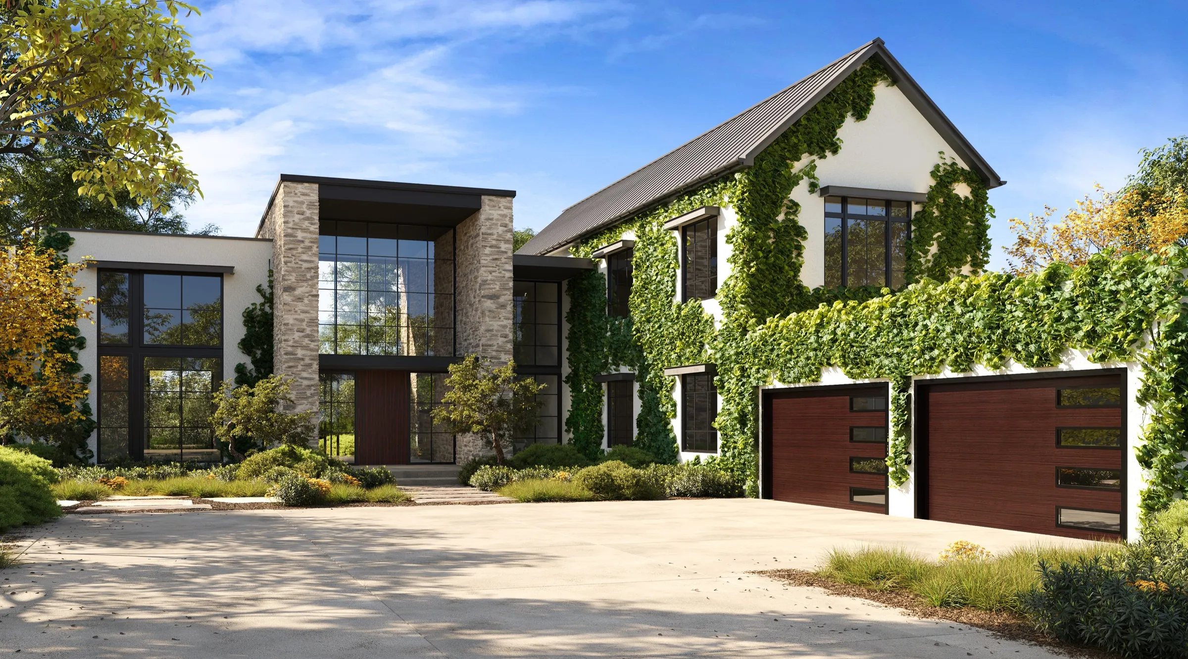 Exterior 3D rendering of an ivy-clad transitional estate in stone and stucco, with black steel windows and two dark wood garage doors