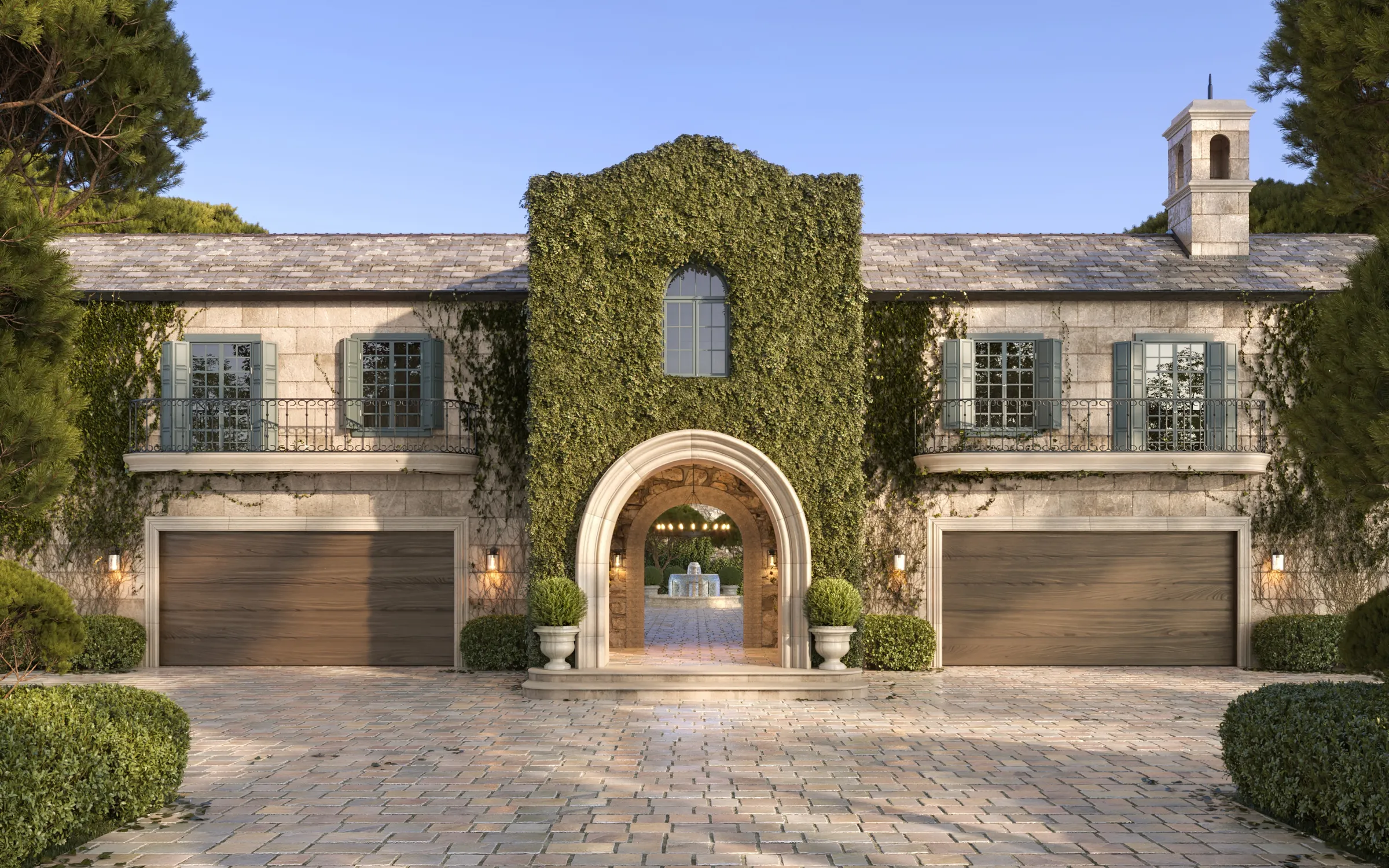 Exterior 3D rendering of an ivy-covered stone estate with an arched entry between two garage doors