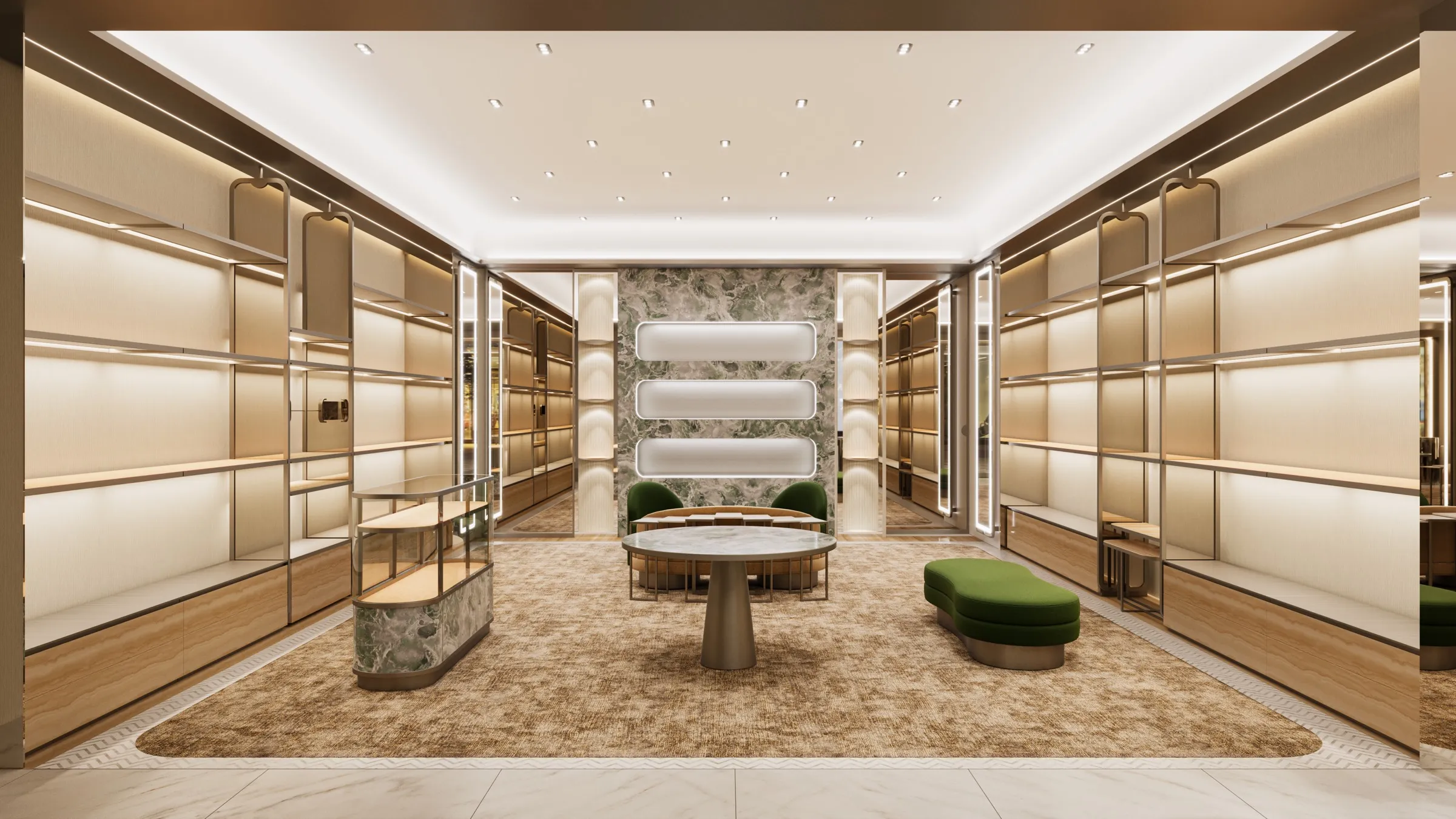 Interior 3D rendering of a Jimmy Choo boutique in Shanghai, cream and gold display shelving around a green-marble feature niche with backlit shelves, a round marble table, and green stools on a soft neutral rug.
