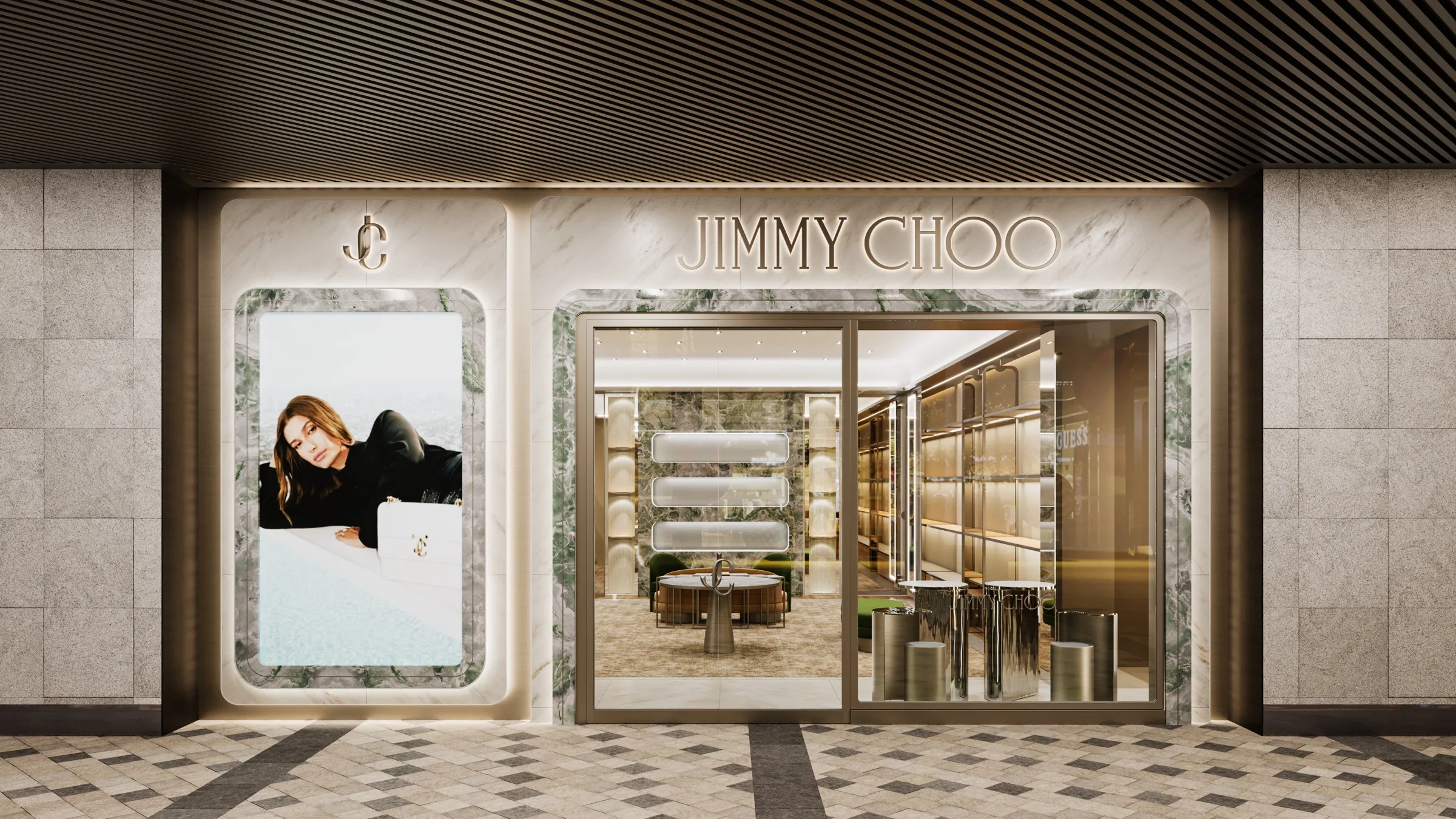 3D rendering of a Jimmy Choo boutique storefront in Shanghai for Capri Holdings, a green-marble portal with Jimmy Choo signage and a warm oak-slat ceiling over a checkerboard stone forecourt.