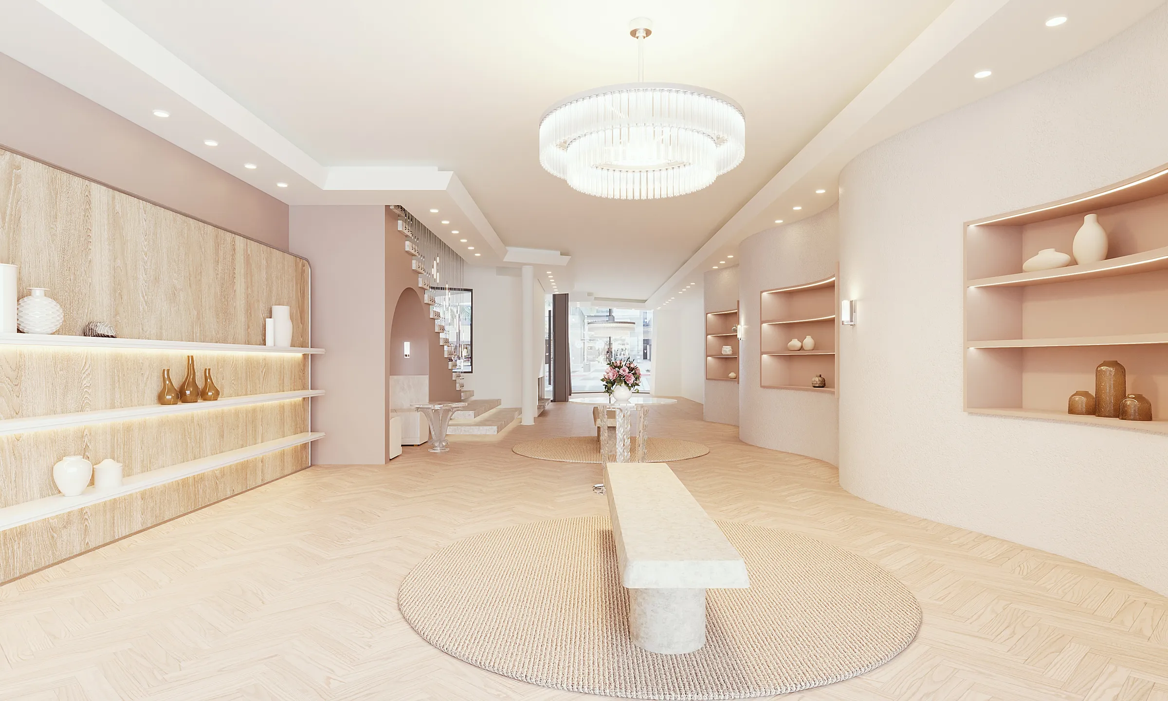 Photoreal 3D interior rendering of the first floor of a proposed Lalique store on Rodeo Drive in Beverly Hills, a long blush-toned gallery with lit curved wall niches holding vases, oak-backed shelving, a round crystal chandelier, a stone bench on a round rug, a table with a flower arrangement and a stair hung with glowing crystal strands, the street visible through the front windows.