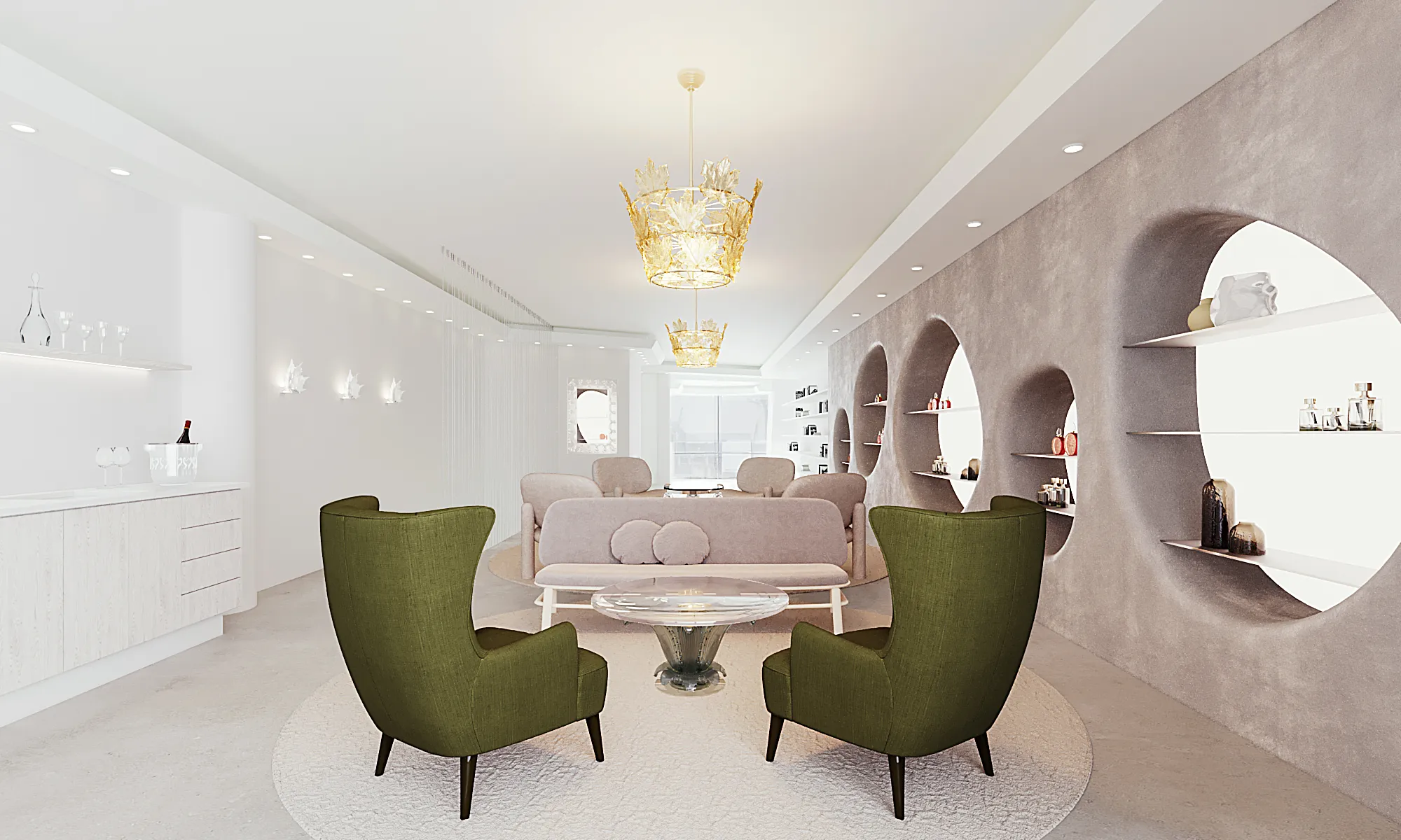 Photoreal 3D interior rendering of the second floor of a proposed Lalique store on Rodeo Drive in Beverly Hills, two green wingback chairs around a crystal table on a round rug, pale sofas beyond, round lit niches holding fragrance and crystal, a bar with decanter, glasses and a champagne cooler, and gold luster crystal chandeliers.