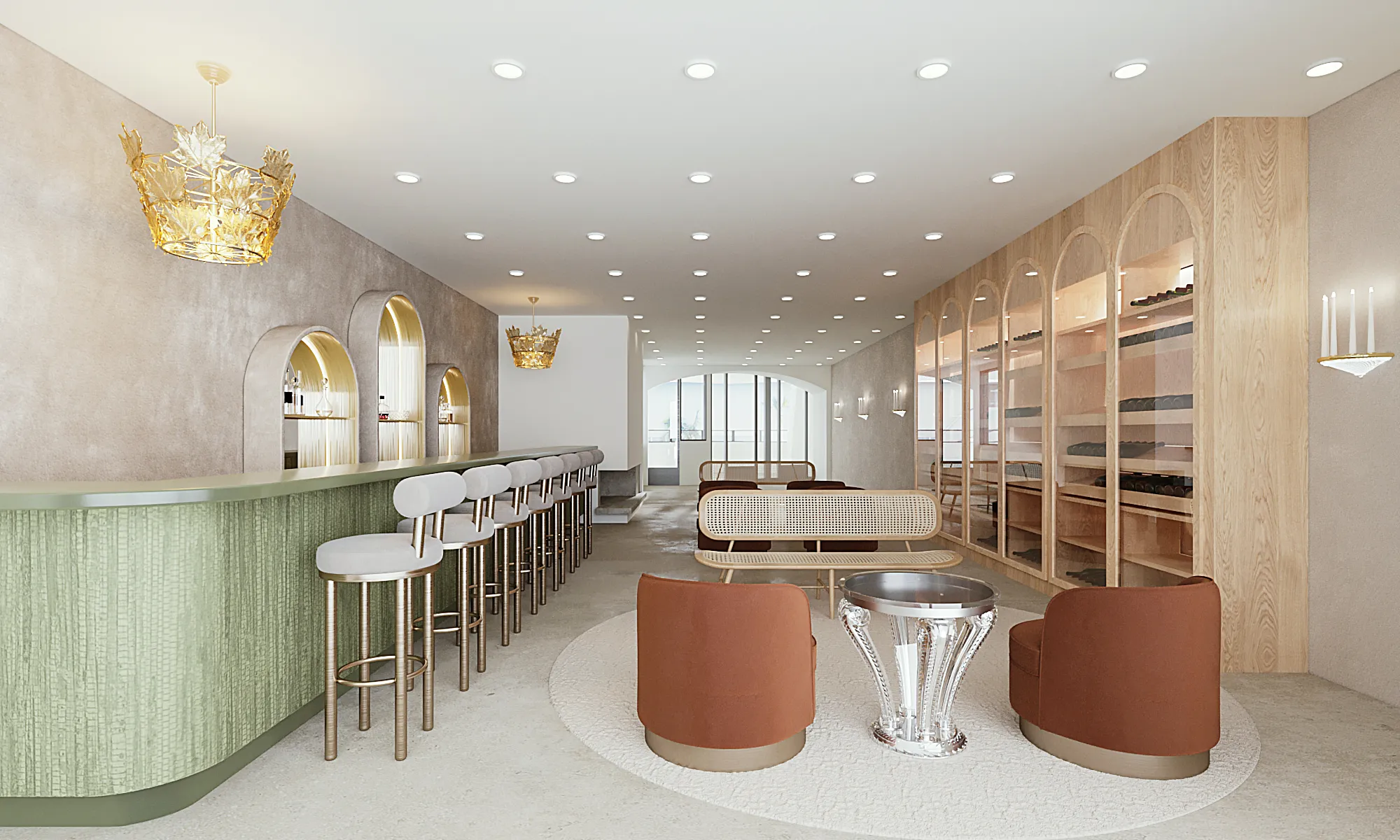 Photoreal 3D interior rendering of the third floor of a proposed Lalique store on Rodeo Drive in Beverly Hills, a long bar with a green textured front and pale stools, rust lounge chairs around a crystal pedestal table, a cane bench, arched glass-fronted wood cabinets and gold luster crystal chandeliers.