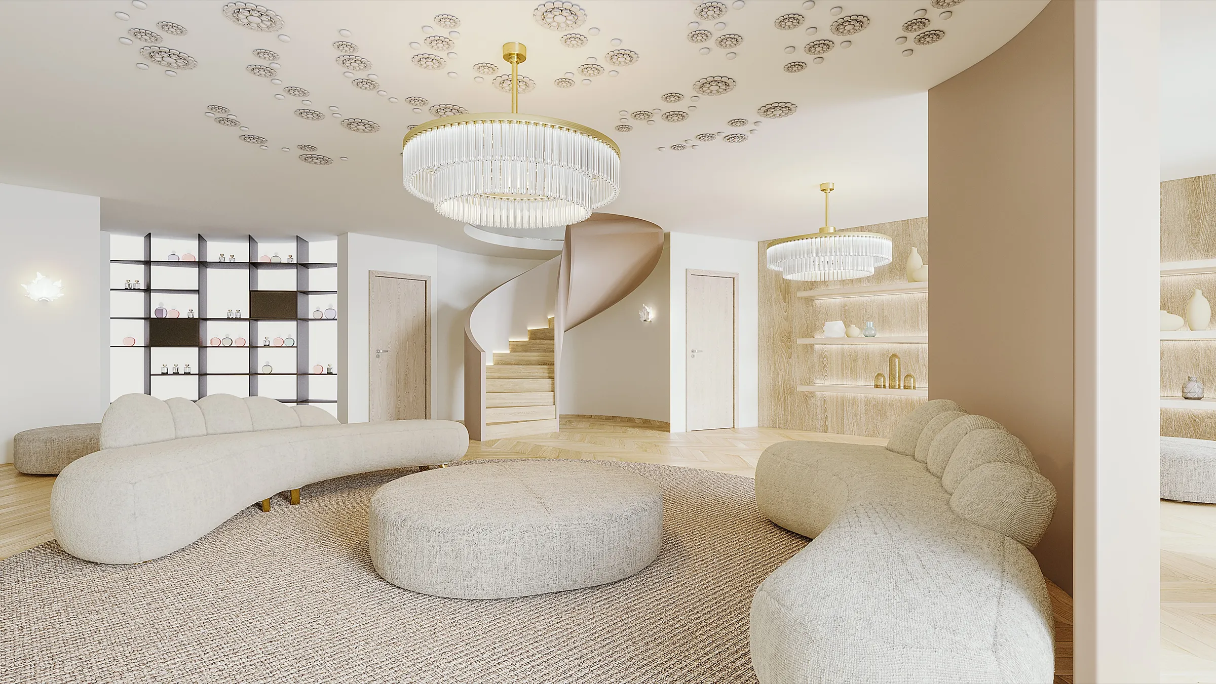 Photoreal 3D interior rendering of the first floor of a proposed Lalique boutique on Brighton Way in Beverly Hills, a cream lounge with curved boucle sofas around a round pouf, crystal chandeliers, a sculptural spiral stair and a ceiling scattered with rosettes.