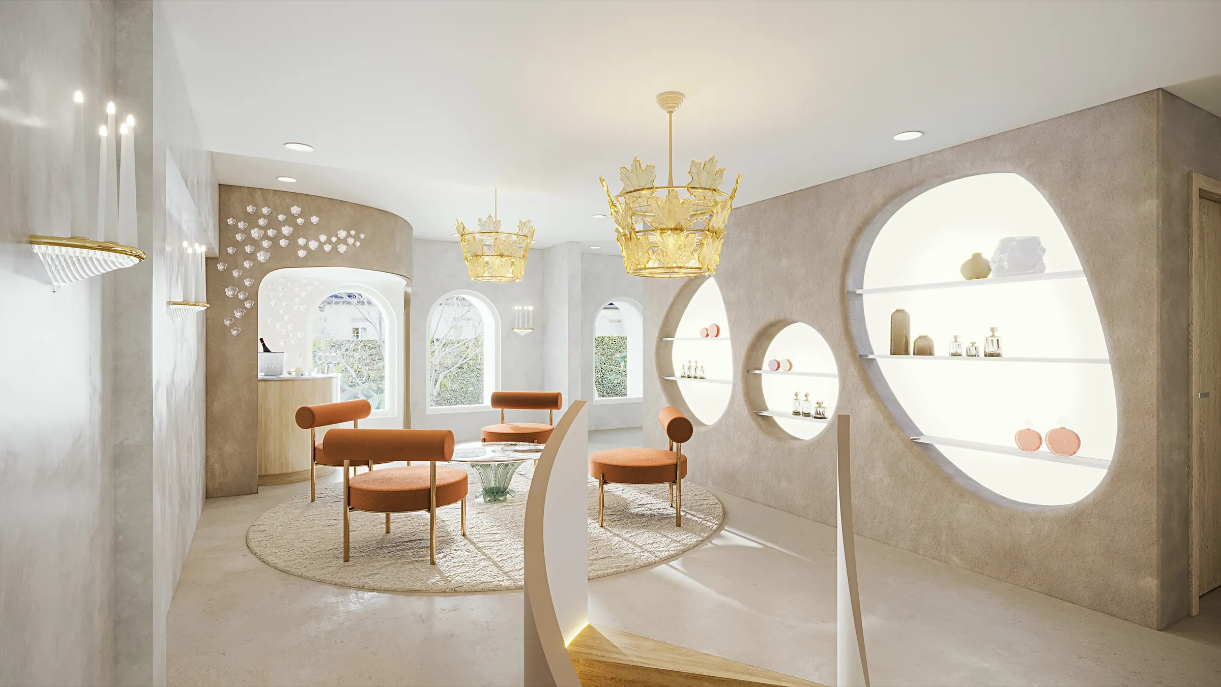 Photoreal 3D interior rendering of the mezzanine of a proposed Lalique boutique on Brighton Way in Beverly Hills, plaster walls with large lit oval niches displaying fragrance and crystal, gold luster crystal chandeliers, rust lounge chairs around a crystal table, a champagne bar beneath a wall of crystal flowers and arched windows onto the trees outside.