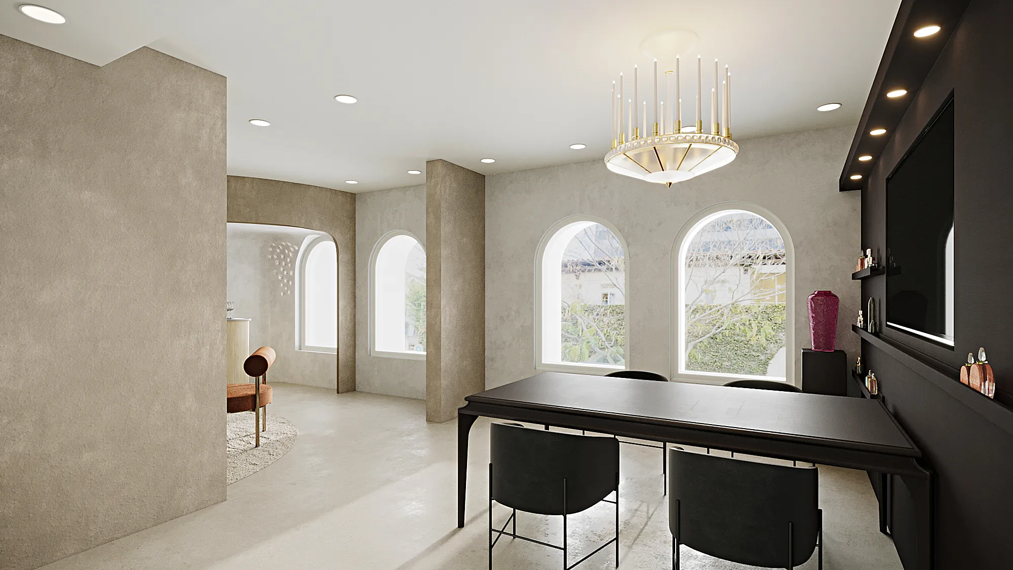 Photoreal 3D interior rendering of the work space in a proposed Lalique boutique on Brighton Way in Beverly Hills, a black table and chairs under a crystal candle chandelier beside arched windows, a black display wall with fragrance shelves and a screen, and a fuchsia crystal vase on a pedestal, with the mezzanine lounge beyond.