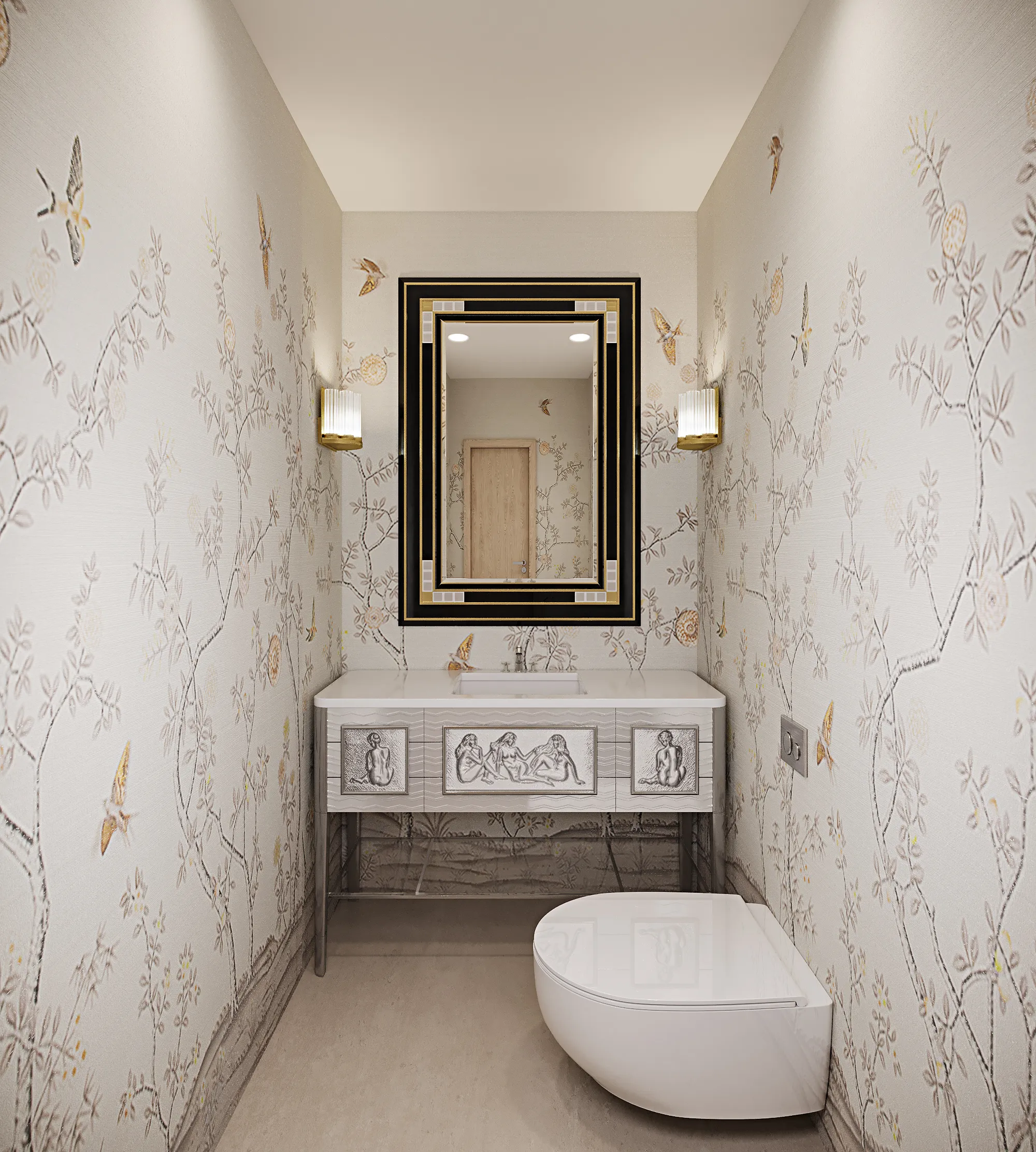 Photoreal 3D interior rendering of the powder room in a proposed Lalique boutique on Brighton Way in Beverly Hills, walls papered in a bird-and-blossom pattern, a black and gold framed mirror between two crystal sconces, and a white vanity set with sculpted crystal panels of seated figures.