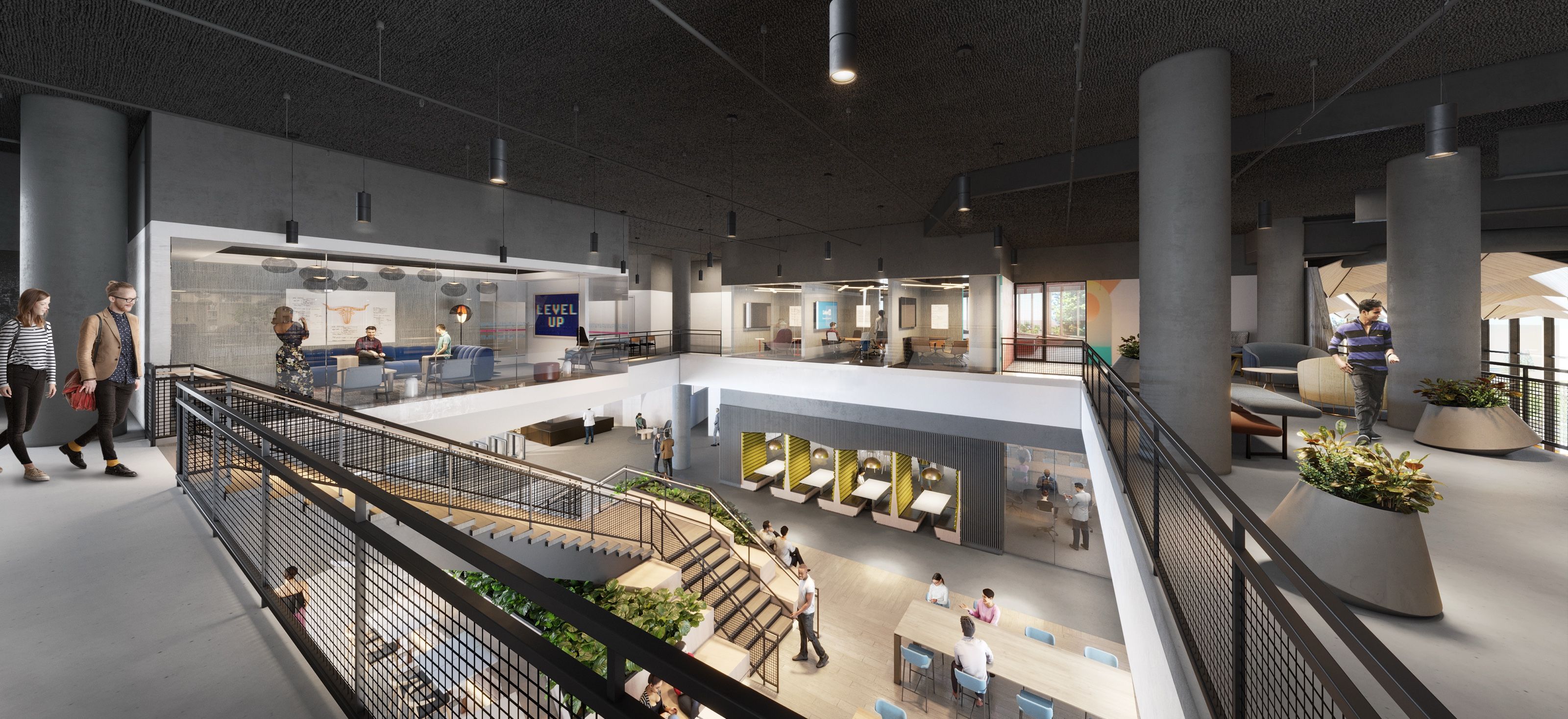 3D interior rendering of the multi-level atrium at LinkedIn's Mountain View headquarters, looking across a railing to a double-height volume with a stair, focus pods, exposed concrete columns, and people moving between floors.
