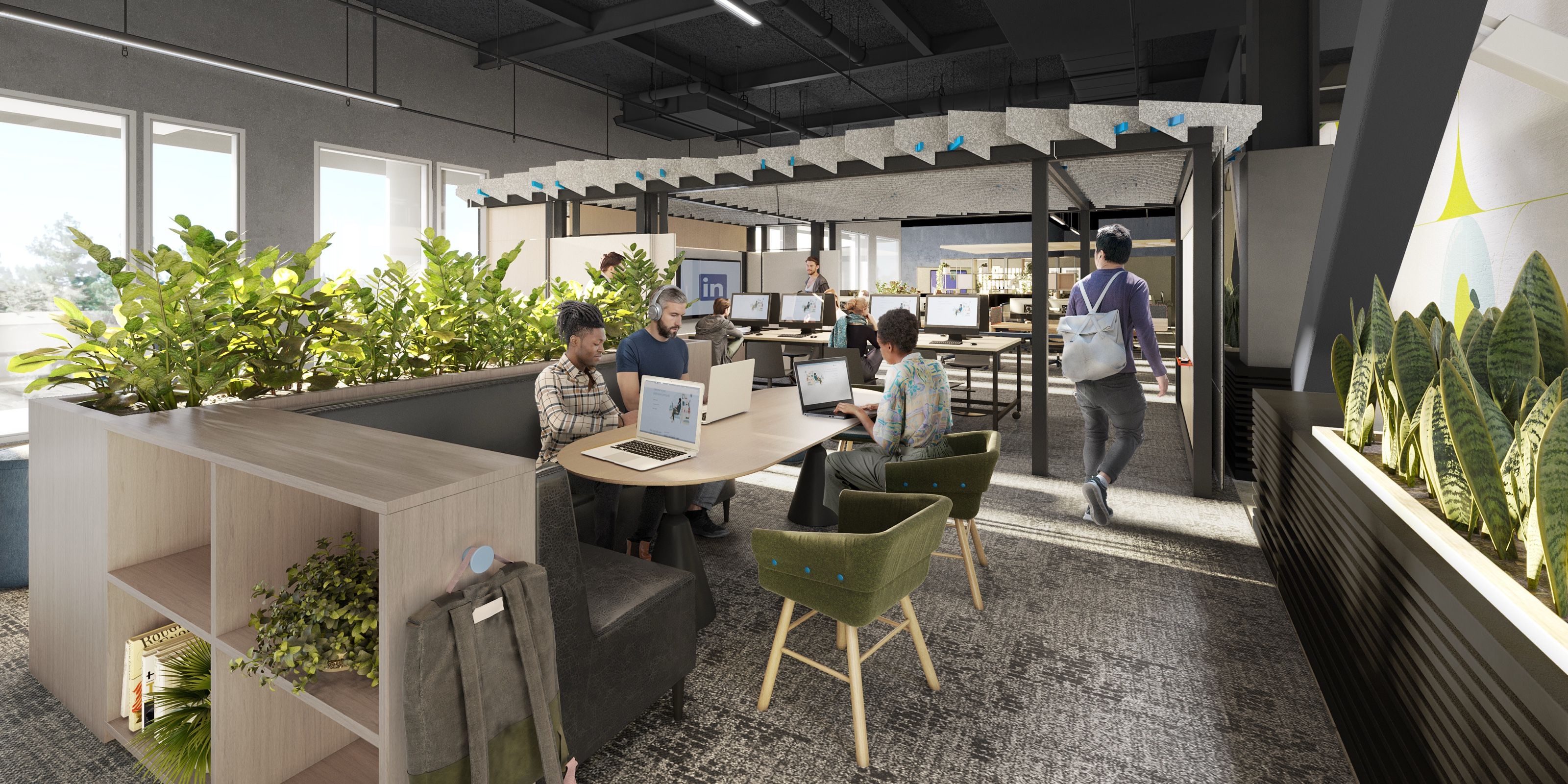 3D interior rendering of an open work neighbourhood at LinkedIn's Mountain View headquarters, with colleagues collaborating at a soft-seating table, planted dividers, the LinkedIn logo on a glass partition, and rows of sit-stand desks beyond.