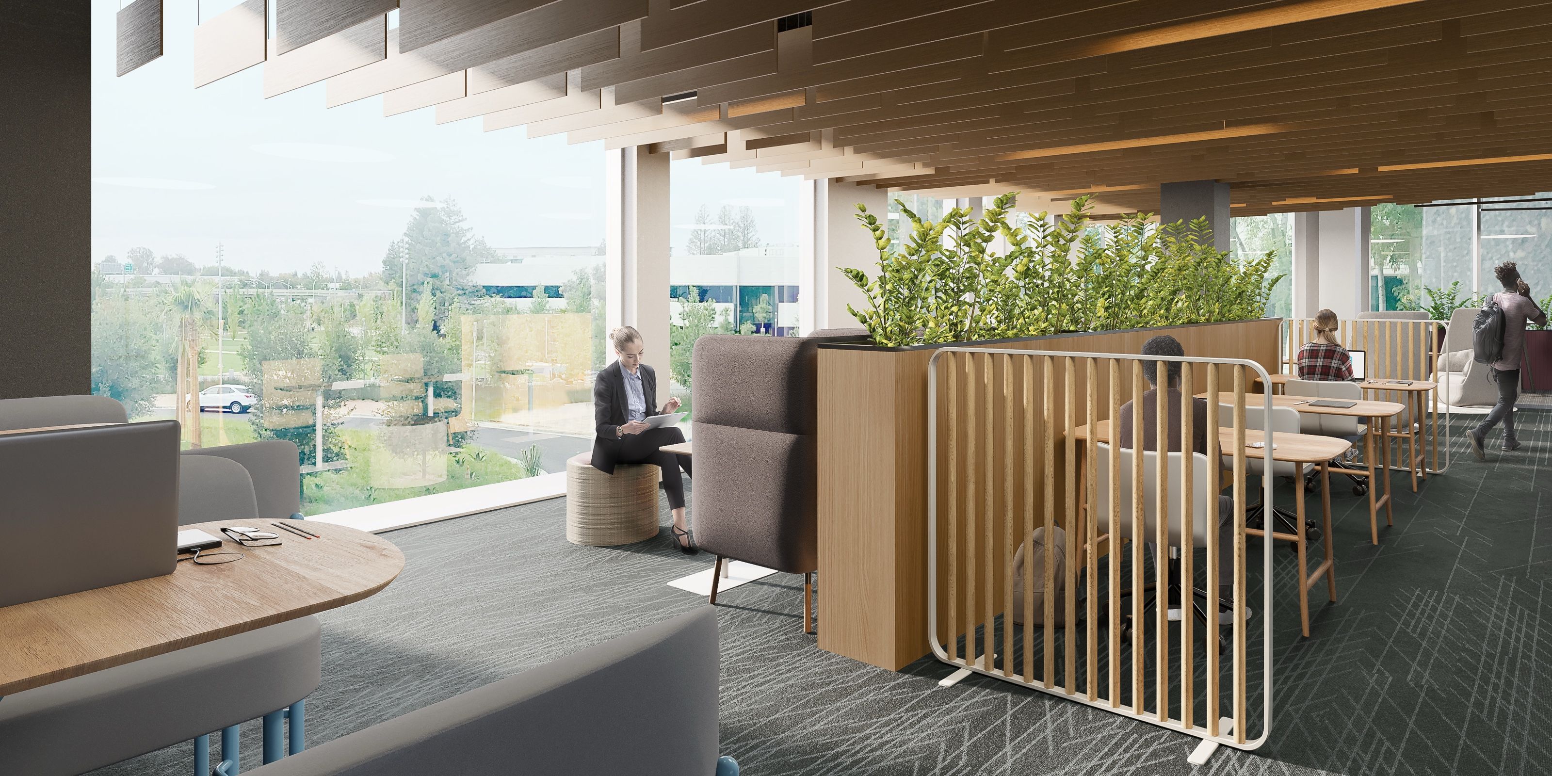 3D interior rendering of a daylit work lounge along the window line at LinkedIn's Mountain View headquarters, with slatted timber ceiling baffles, planted timber partitions, soft seating, and a view out to landscaped grounds.