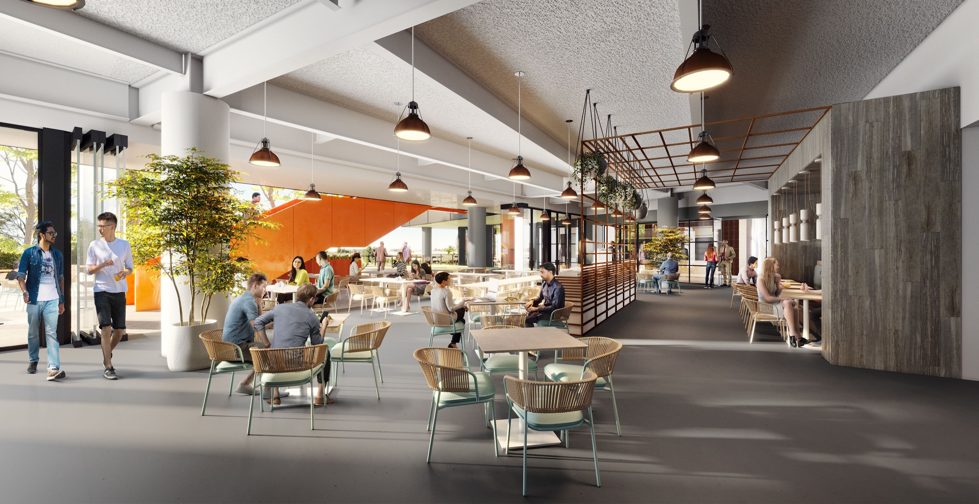 3D interior rendering of a hospitality-inspired social hub at LinkedIn's Mountain View headquarters, with woven lounge chairs, cafe seating, pendant lighting, an orange feature wall, and an open floor leading toward daylit glazing.
